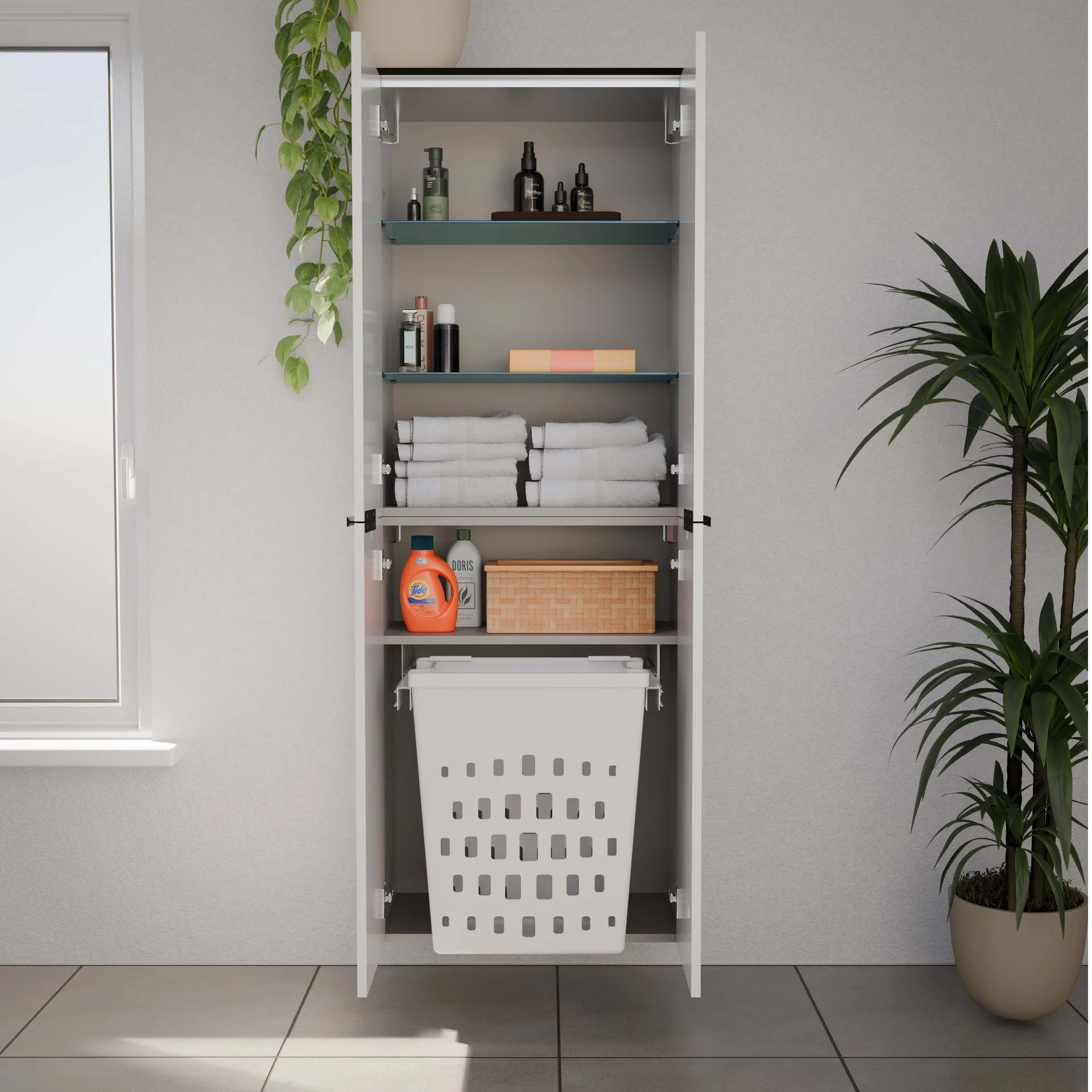 FACKELMANN FLAIR Doppel Hochschrank 63 cm breit, Weiß/Anthrazit mit Wäschekorb