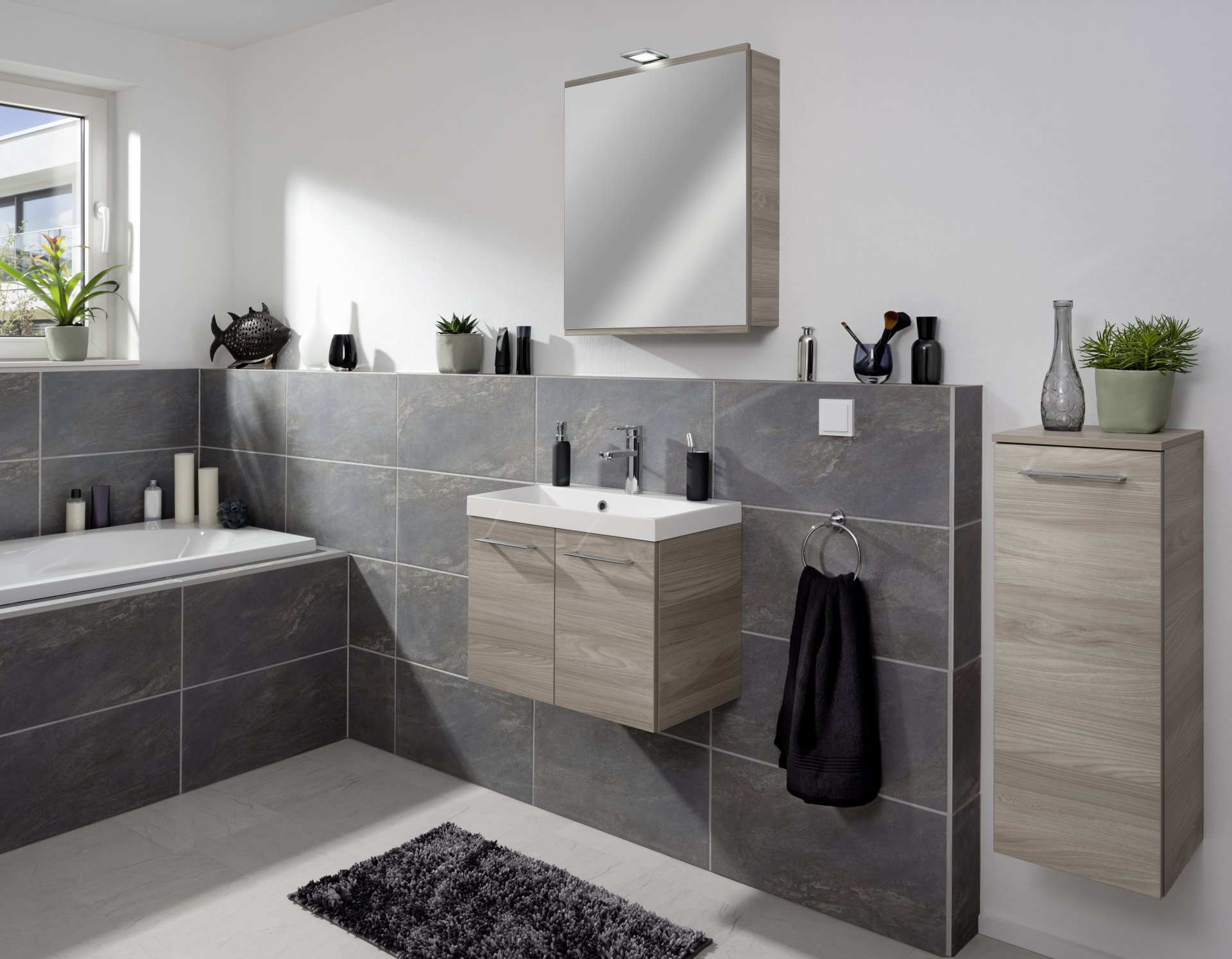 FACKELMANN LIMA Waschtisch Set mit Spiegelschrank 60 cm breit, Braun, Waschbecken Gussmarmor Weiß