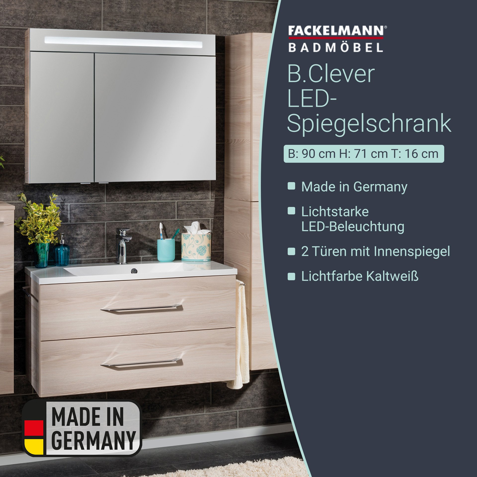Fackelmann B.CLEVER LED Spiegelschrank 90 cm, Braun hell