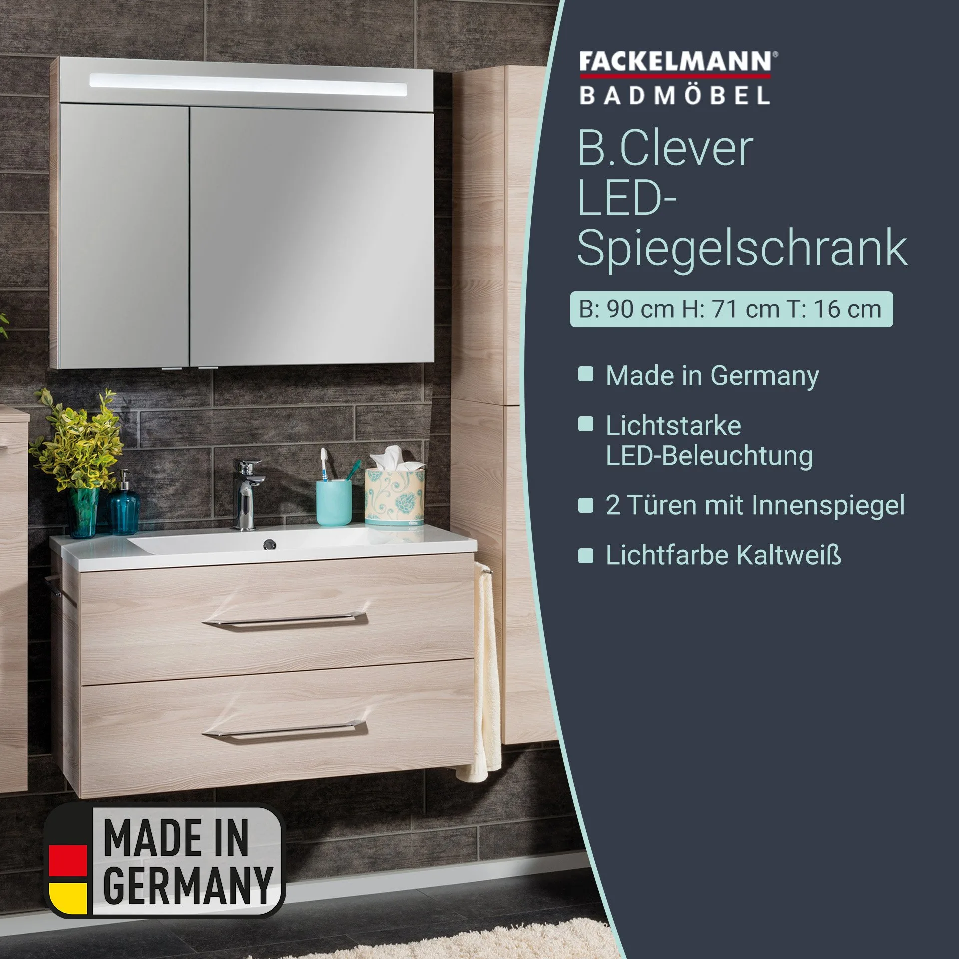 FACKELMANN B.CLEVER LED Spiegelschrank 90 cm breit, Braun hell