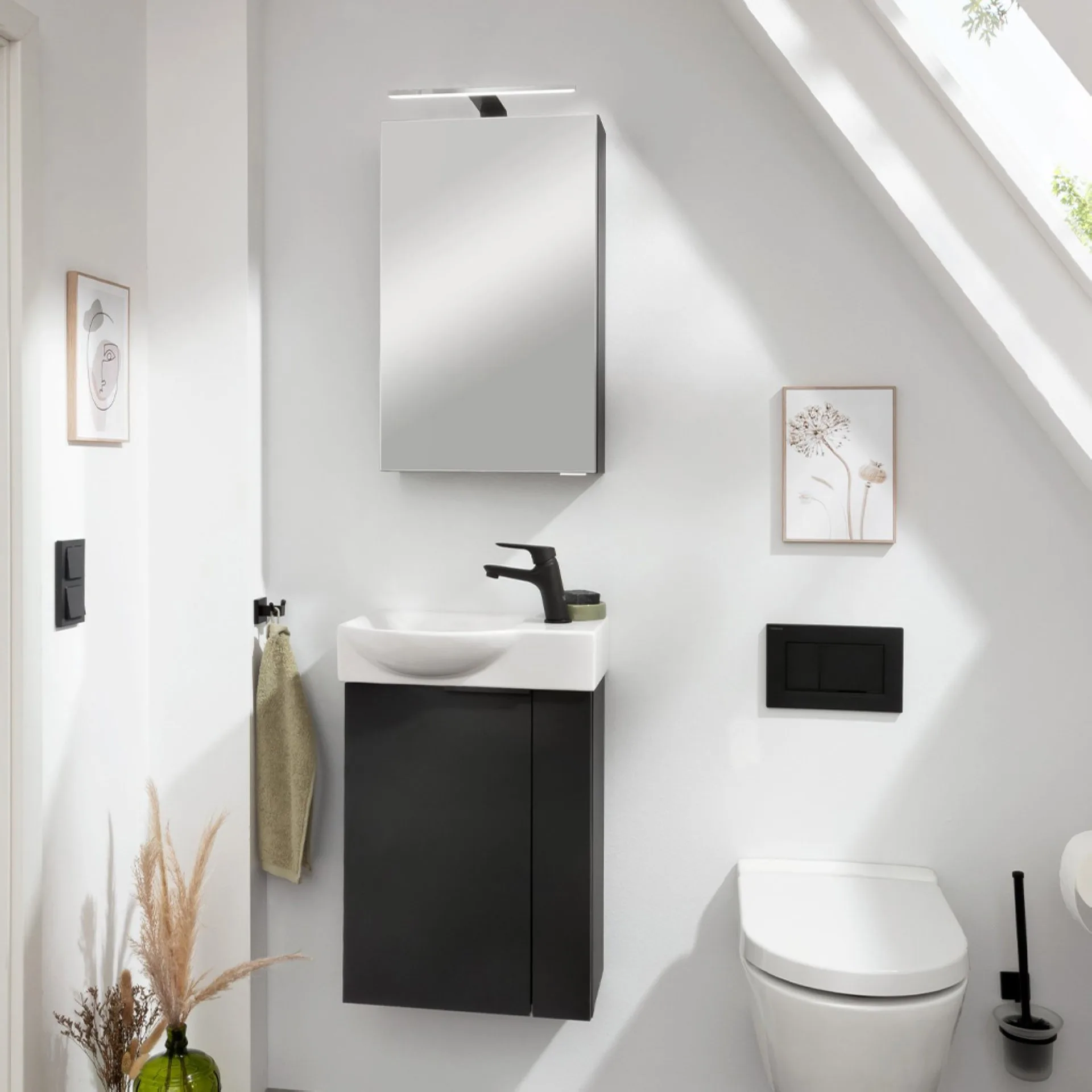 FACKELMANN SBC B.PARIS Gäste WC Waschtisch Set mit Spiegelschrank 45 cm breit, Schwarz matt, Türanschlag links