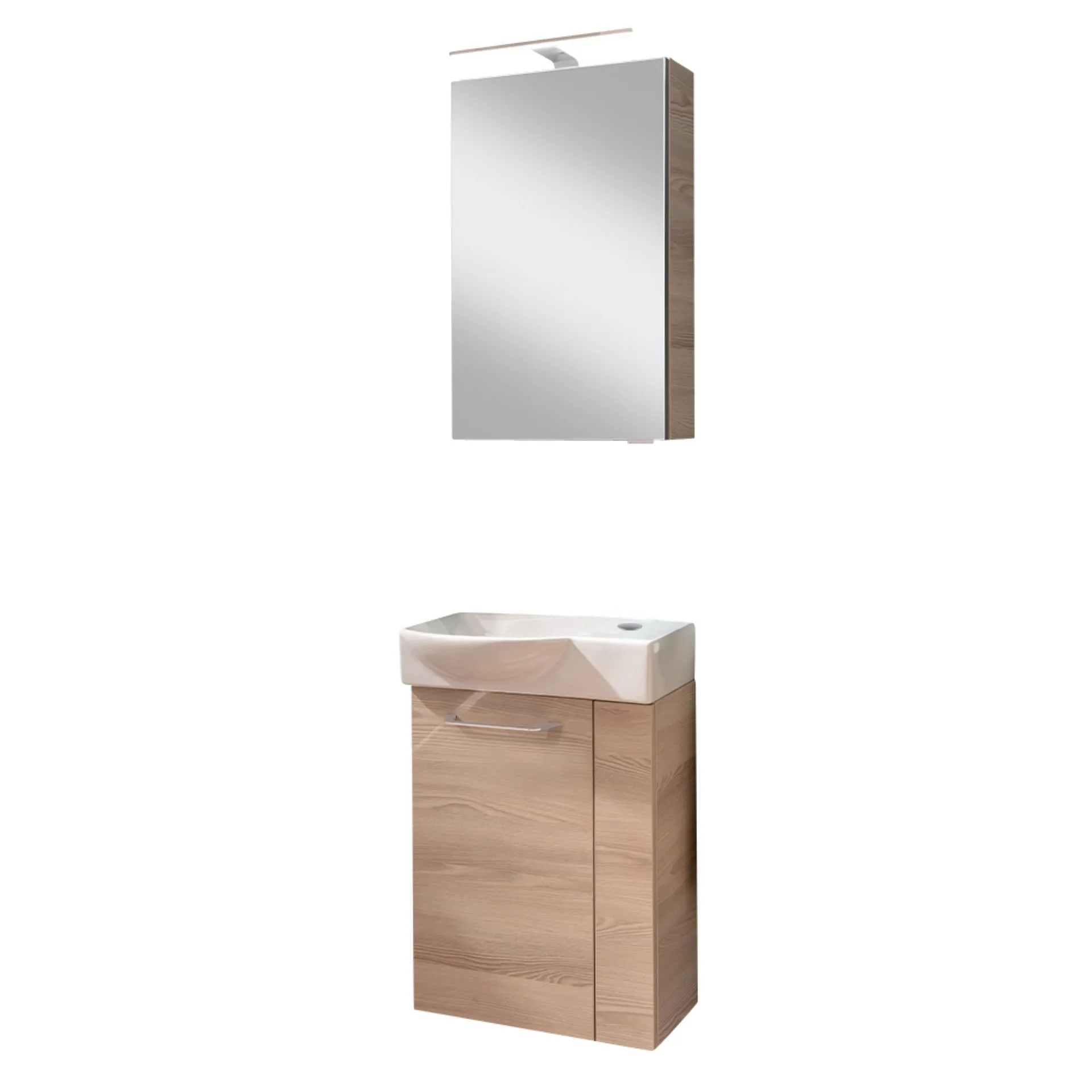 FACKELMANN SBC B.CLEVER Gäste WC Waschtisch Set mit Spiegelschrank 45 cm breit, Braun hell, Türanschlag links
