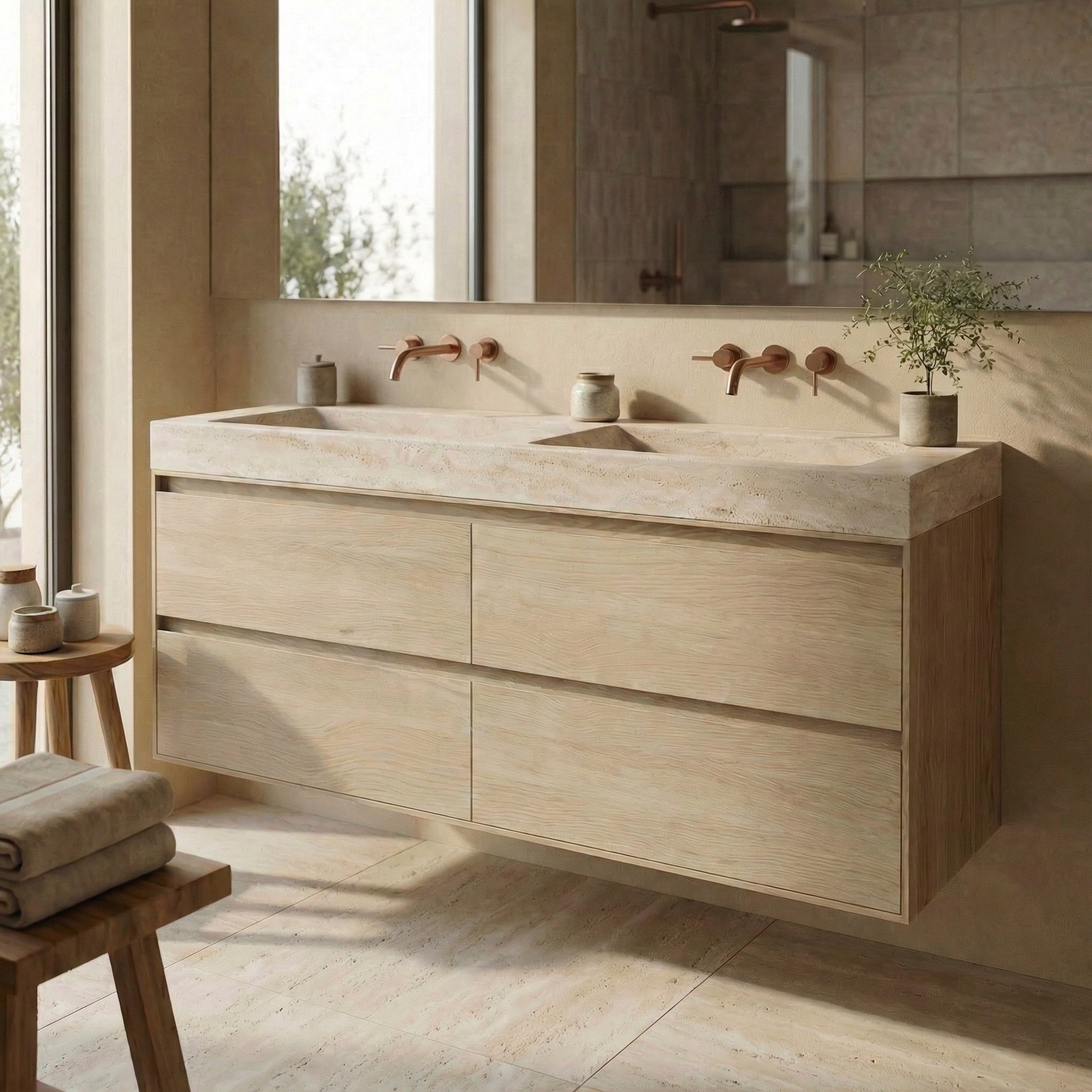 FORZALAQUA IBIZA BELLEZZA Waschbecken mit Unterschrank 160 cm breit, Braun hell, Doppelwaschbecken Naturstein Travertin matt ohne Hahnloch, 4 Schubladen