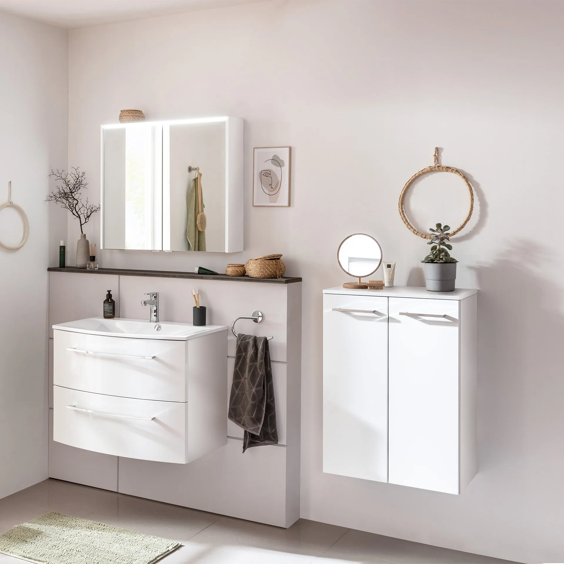 FACKELMANN VERONA Waschbecken mit Unterschrank 80 cm breit, Weiß, Waschbecken Gussmarmor Weiß