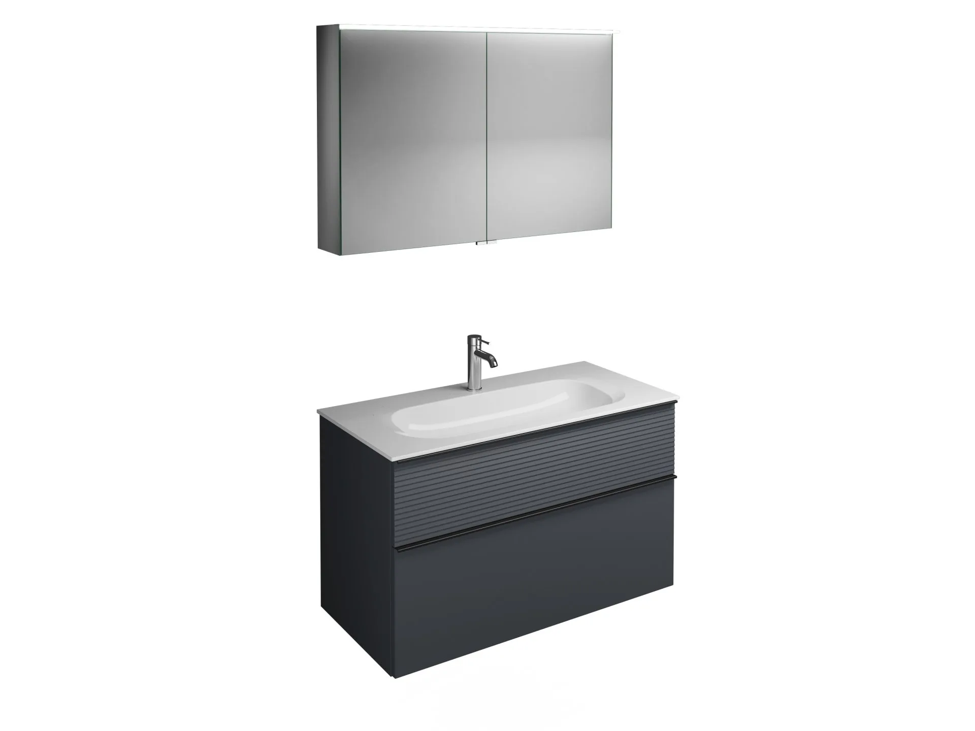 Burgbad FIUMO Waschtisch Set mit Spiegelschrank 102 cm breit, Anthrazit, Waschbecken Gussmarmor Weiß