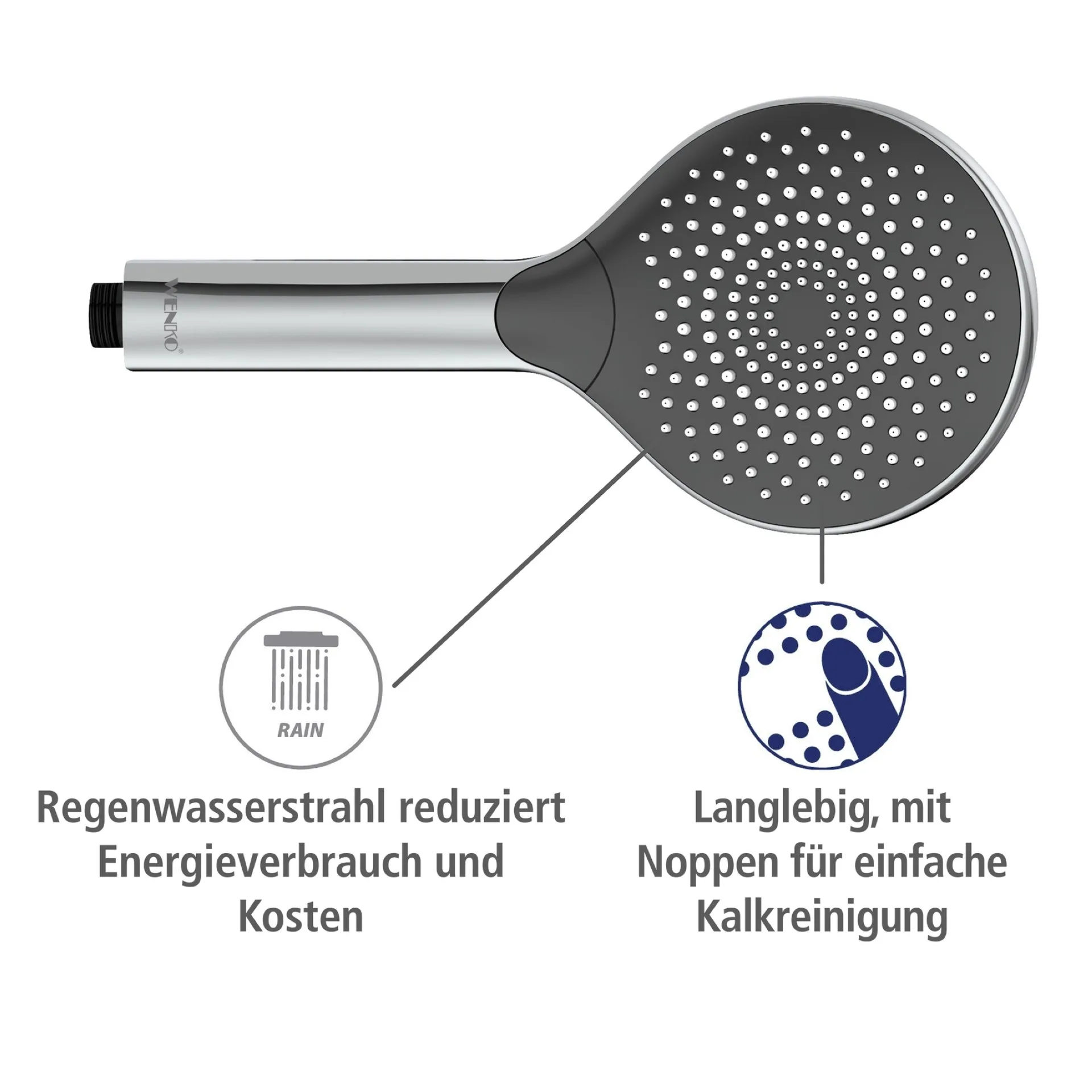 WENKO Duschkopf Ø 12 cm, Chrom/Grau, mit Wassersparsystem, 3 verschiedene Wasserstrahlarten