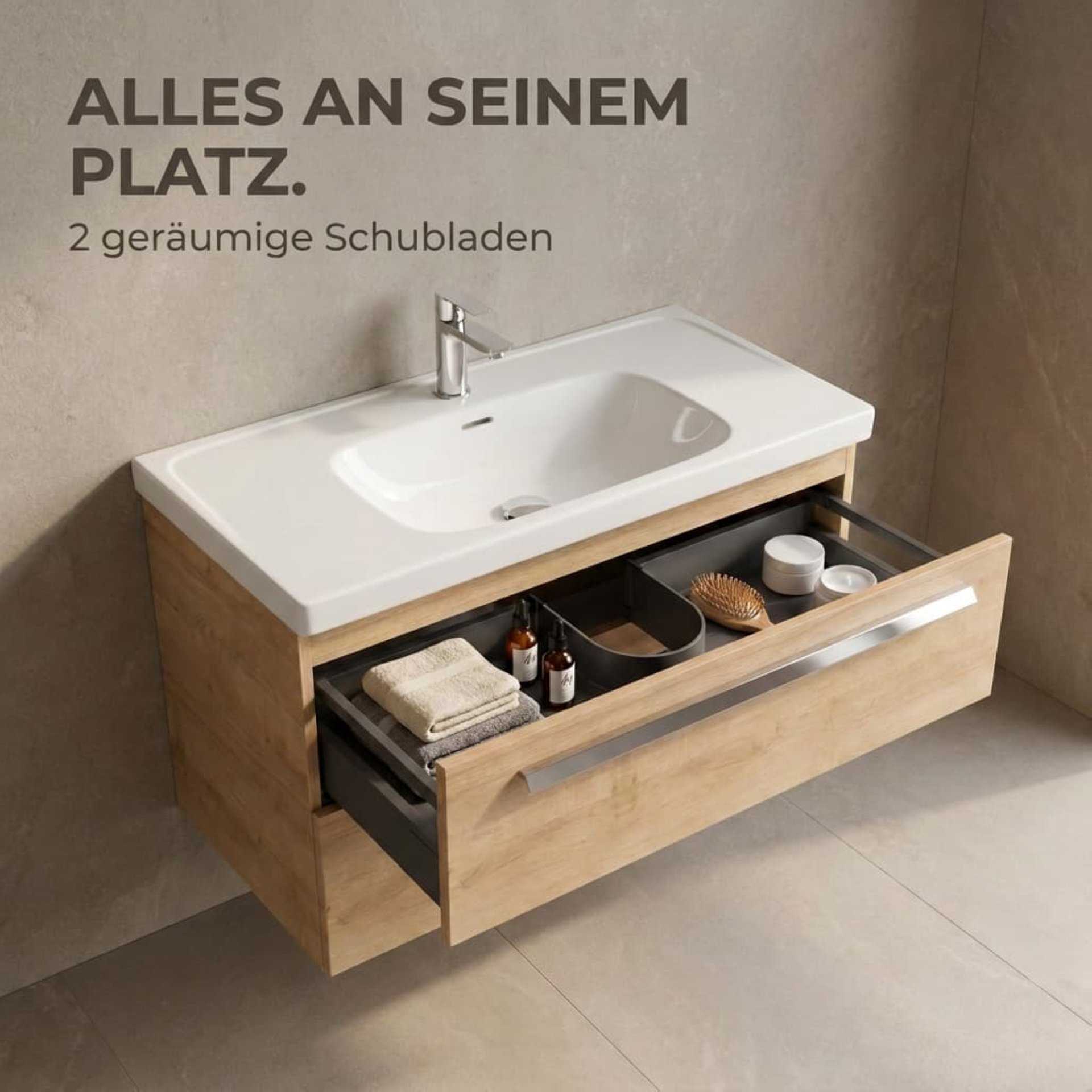 BADEDU TESSANO Waschbecken mit Unterschrank 90 cm breit, Braun hell, Waschbecken Keramik Weiß