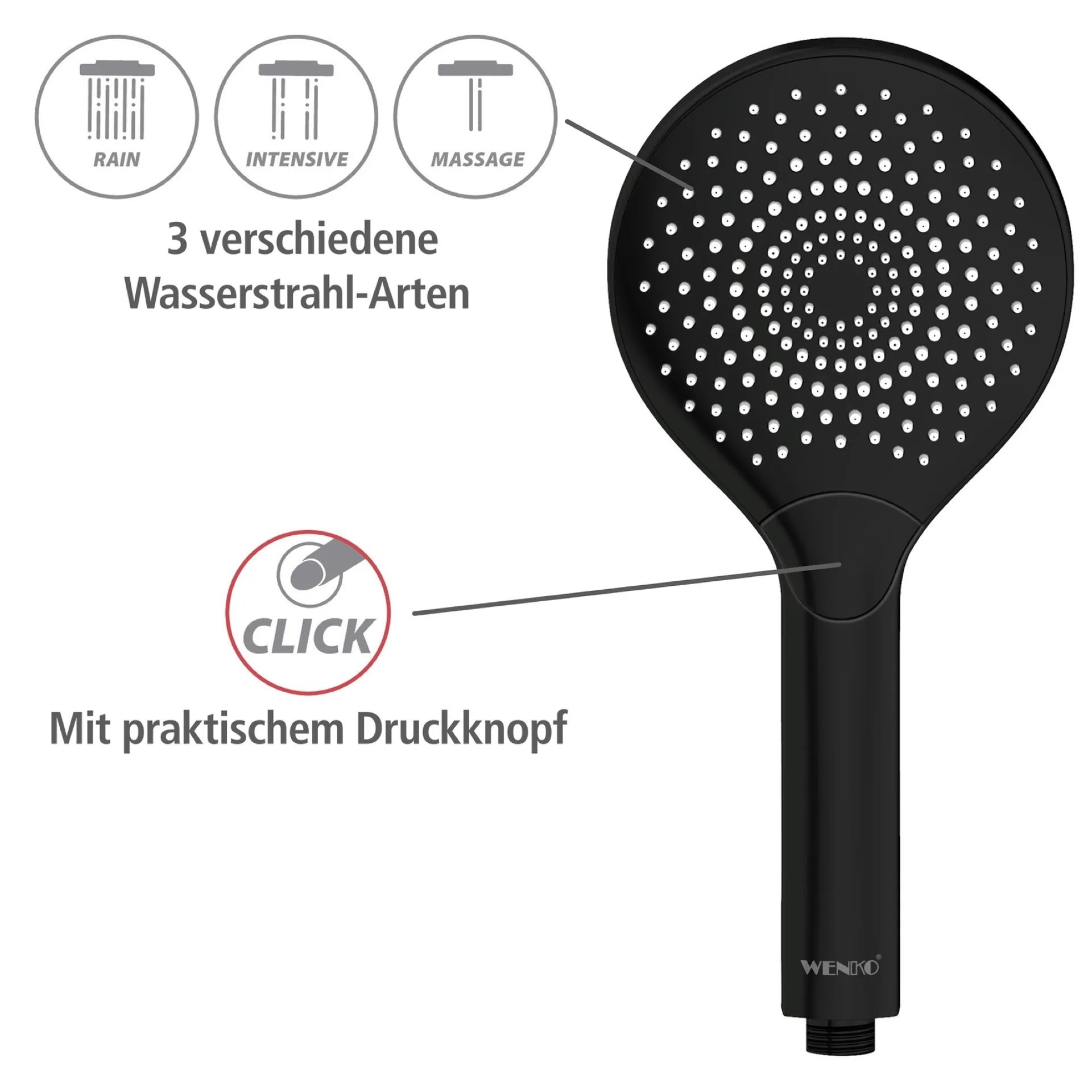 WENKO Duschkopf Ø 12 cm, Schwarz, mit Wassersparsystem, 3 verschiedene Wasserstrahlarten