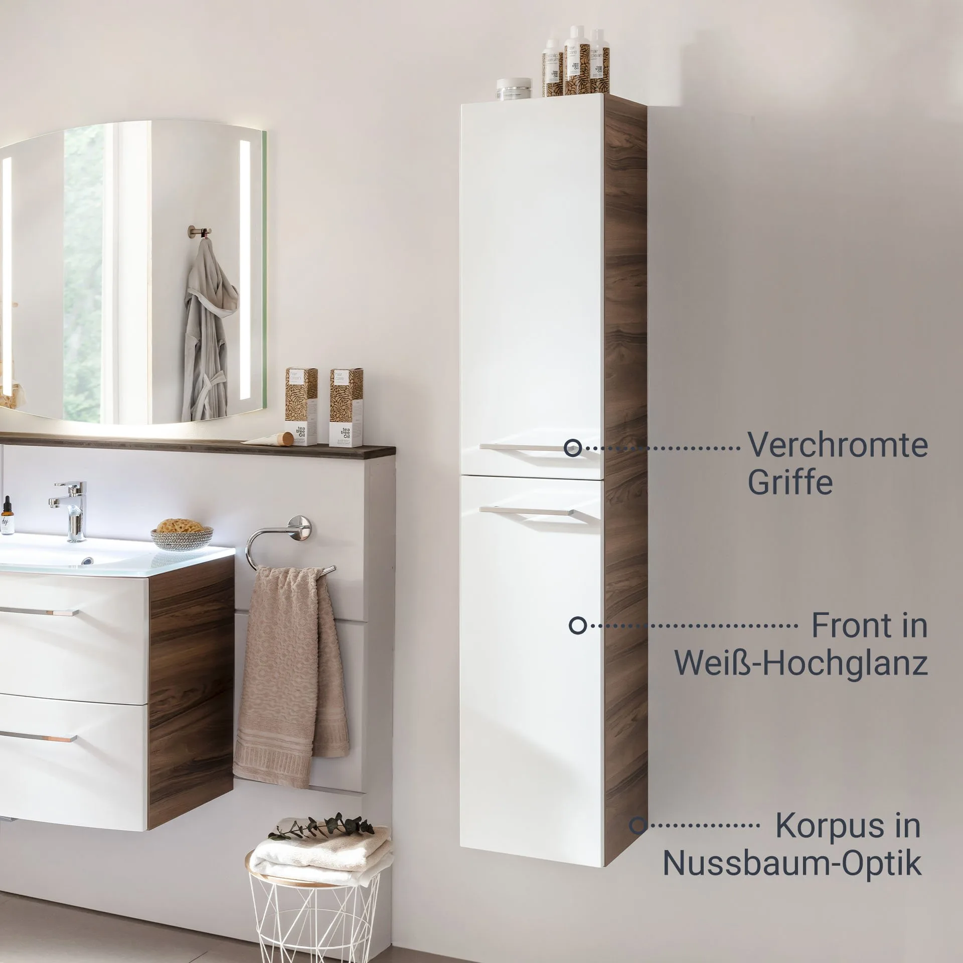 FACKELMANN VERONA Hochschrank 30 cm breit, Weiß Hochglanz/Braun Dunkel, Türanschlag rechts
