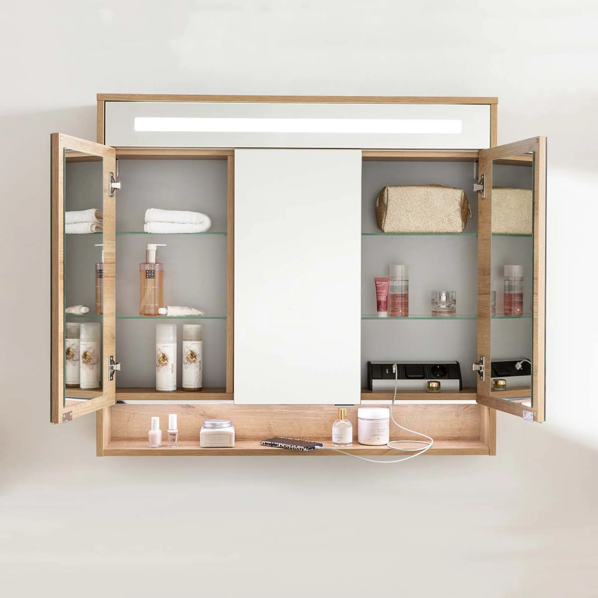 FACKELMANN NATURA Waschtisch Set mit Spiegelschrank 94 cm breit, Braun hell, Aufsatzwaschbecken Keramik Weiß + LED Spiegelschrank