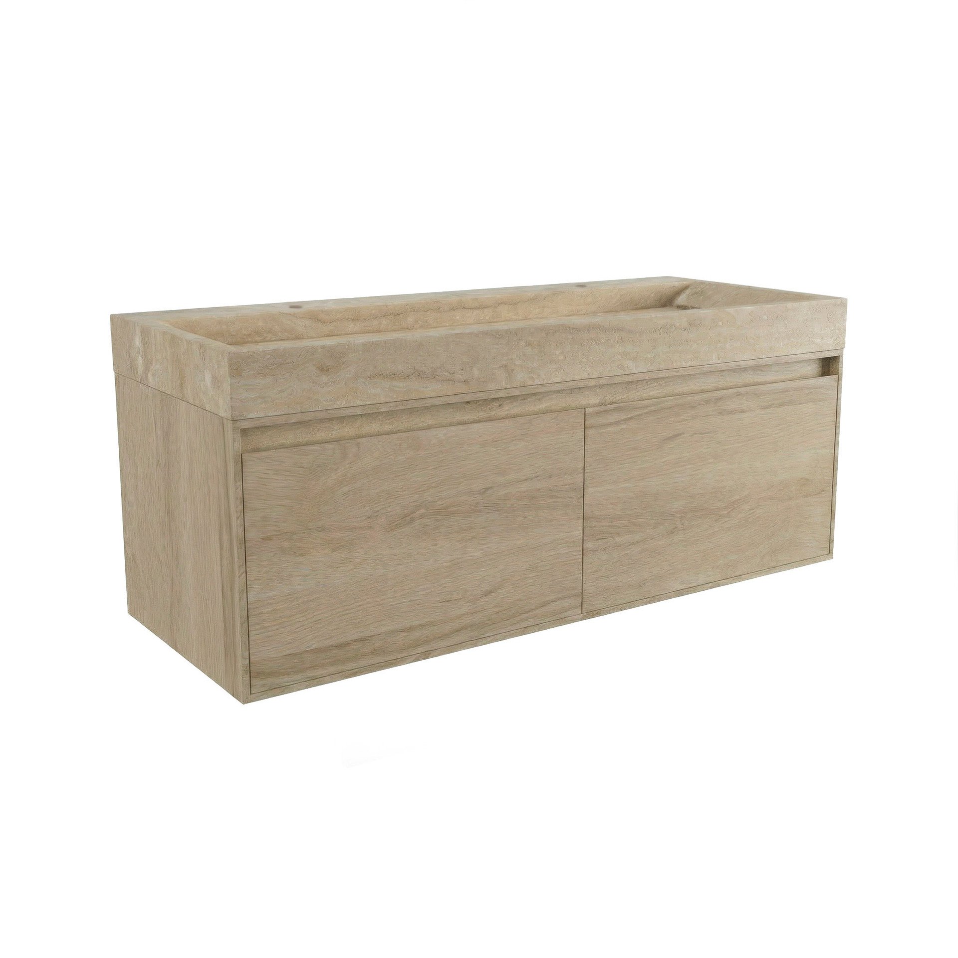 FORZALAQUA IBIZA BELLEZZA Waschbecken mit Unterschrank 120 cm breit , Braun hell, Natursteinwaschbecken Travertin matt mit zwei Hahnlöchern, 2 Schubladen