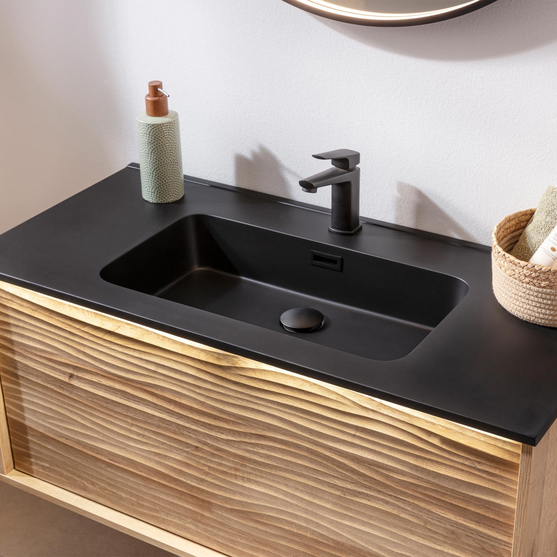 LANZET DUNE Waschbecken Gussmarmor 101 cm breit, Schwarz matt