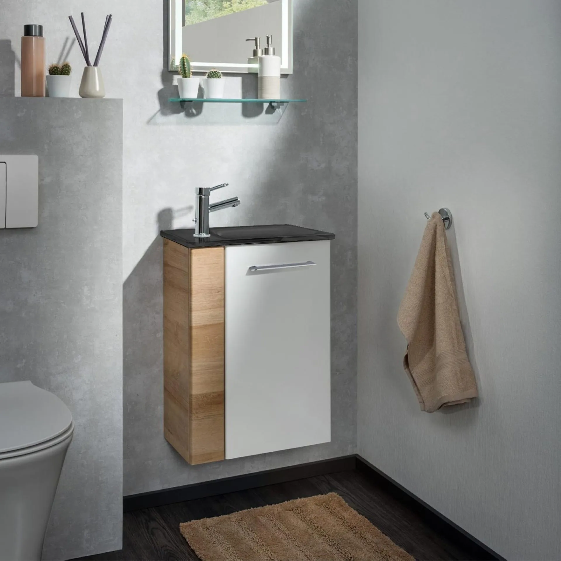 FACKELMANN SBC MILANO Gäste WC Waschtisch Set 45 cm breit, Weiß/Braun hell, Waschbecken Glas Anthrazit, Türanschlag rechts