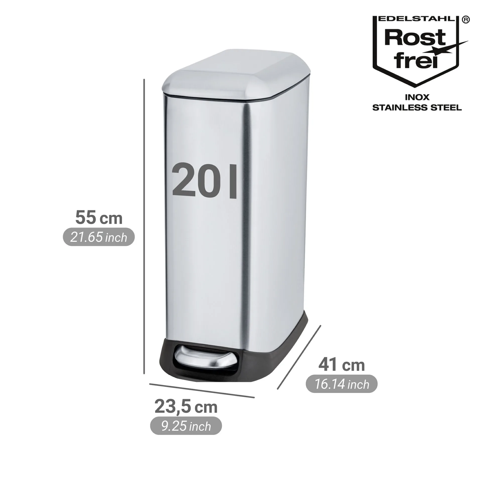WENKO DESIGN Mülleimer 20 Liter, Silber, mit Absenkautomatik