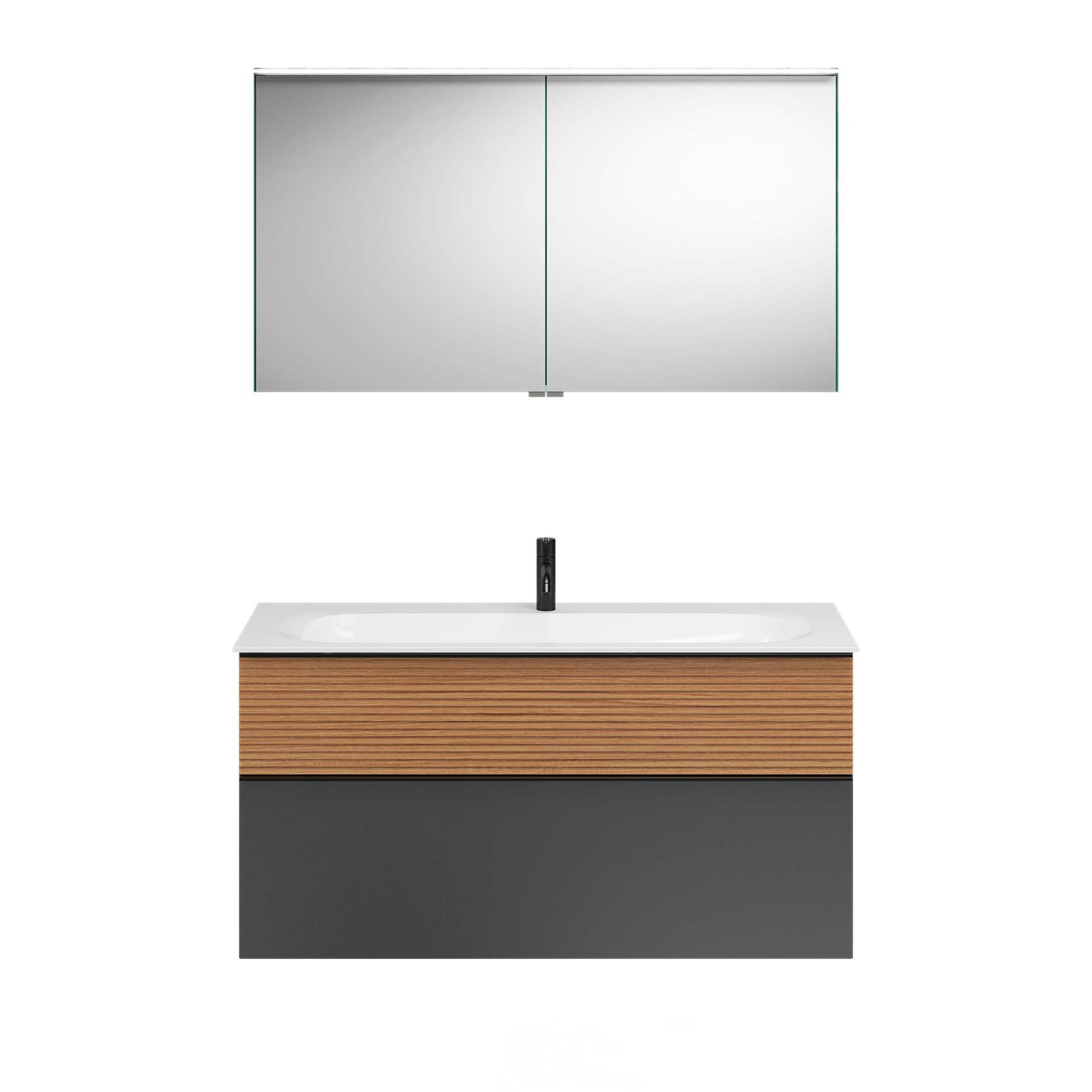 Burgbad FIUMO Waschtisch Set mit Spiegelschrank 122 cm breit, Braun/Anthrazit, Waschbecken Gussmarmor Weiß