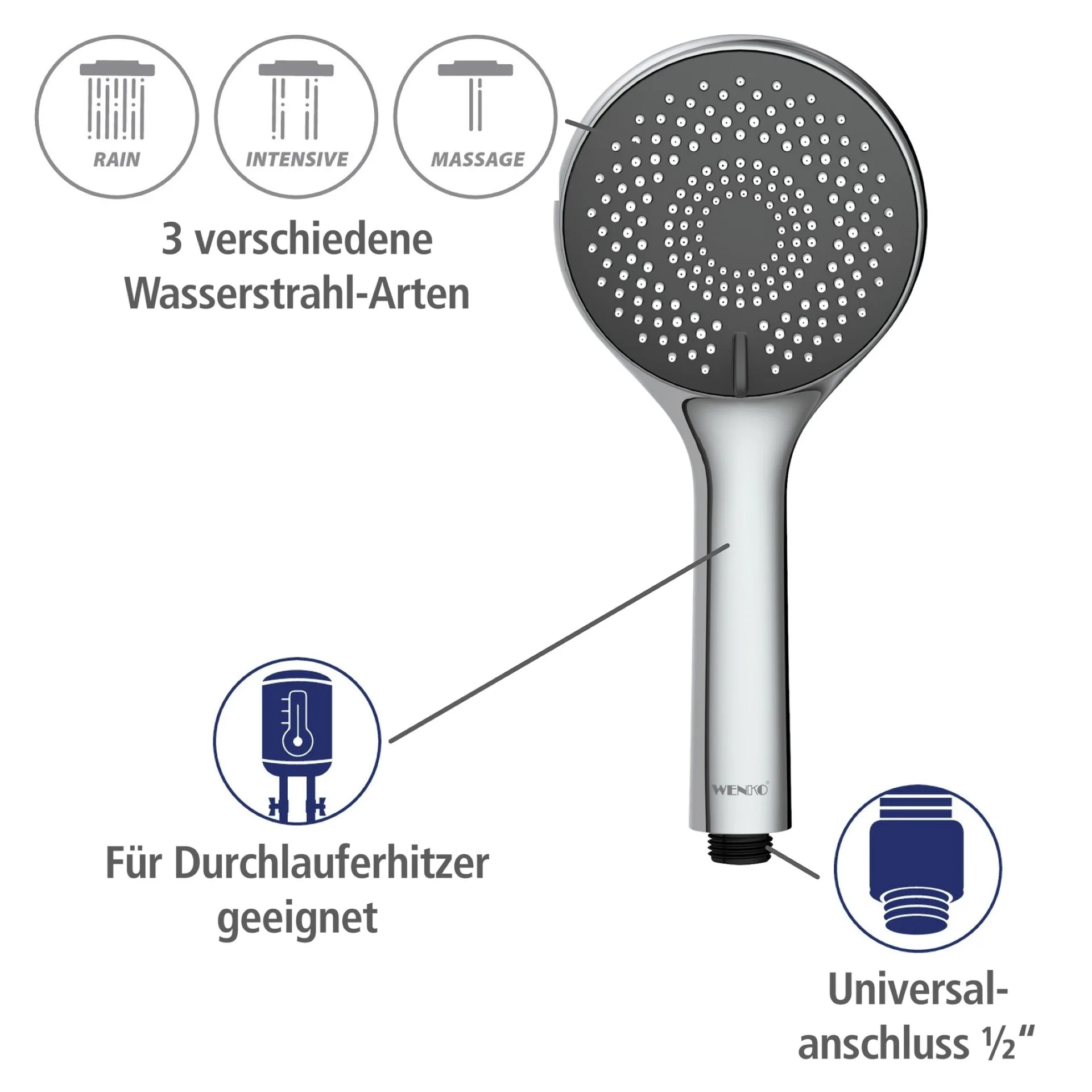 WENKO Stangenbrause Set 70 cm, Chrom, mit Wassersparsystem, 3 verschiedene Wasserstrahlarten, Edelstahl