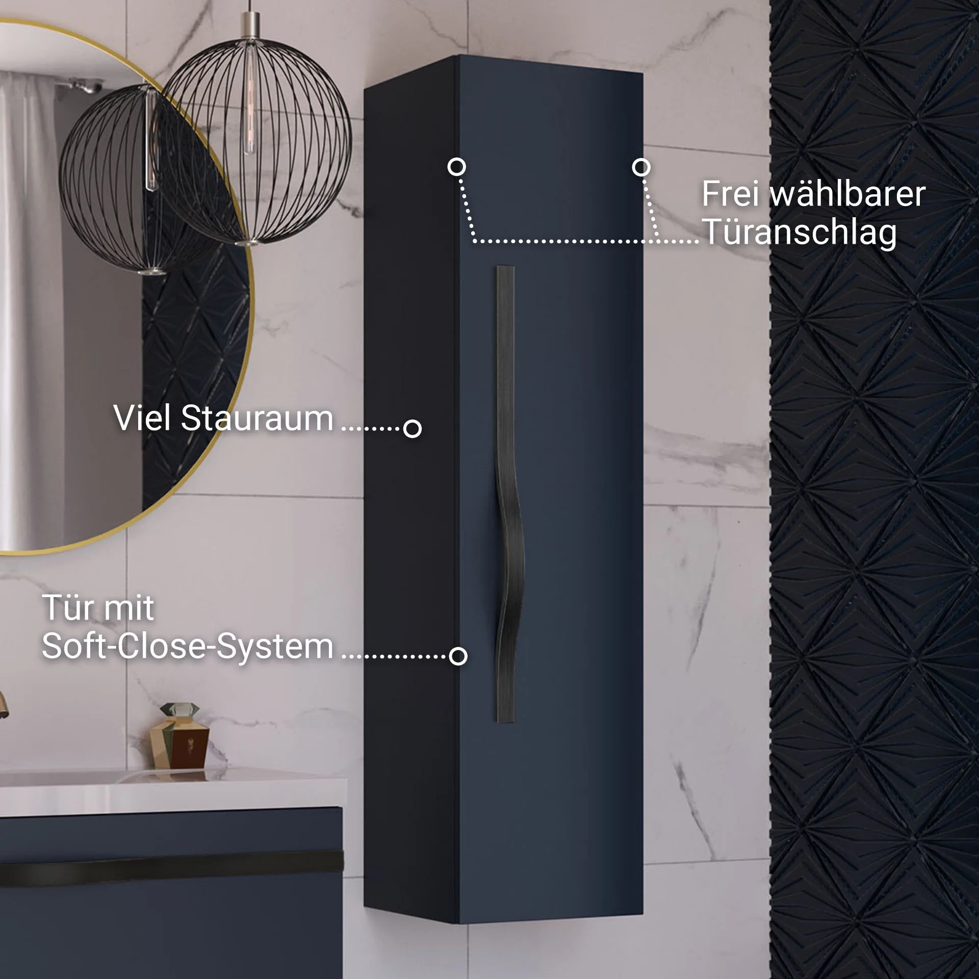 BADEDU FILS Hochschrank 33 cm breit, Blau, Griff Schwarz