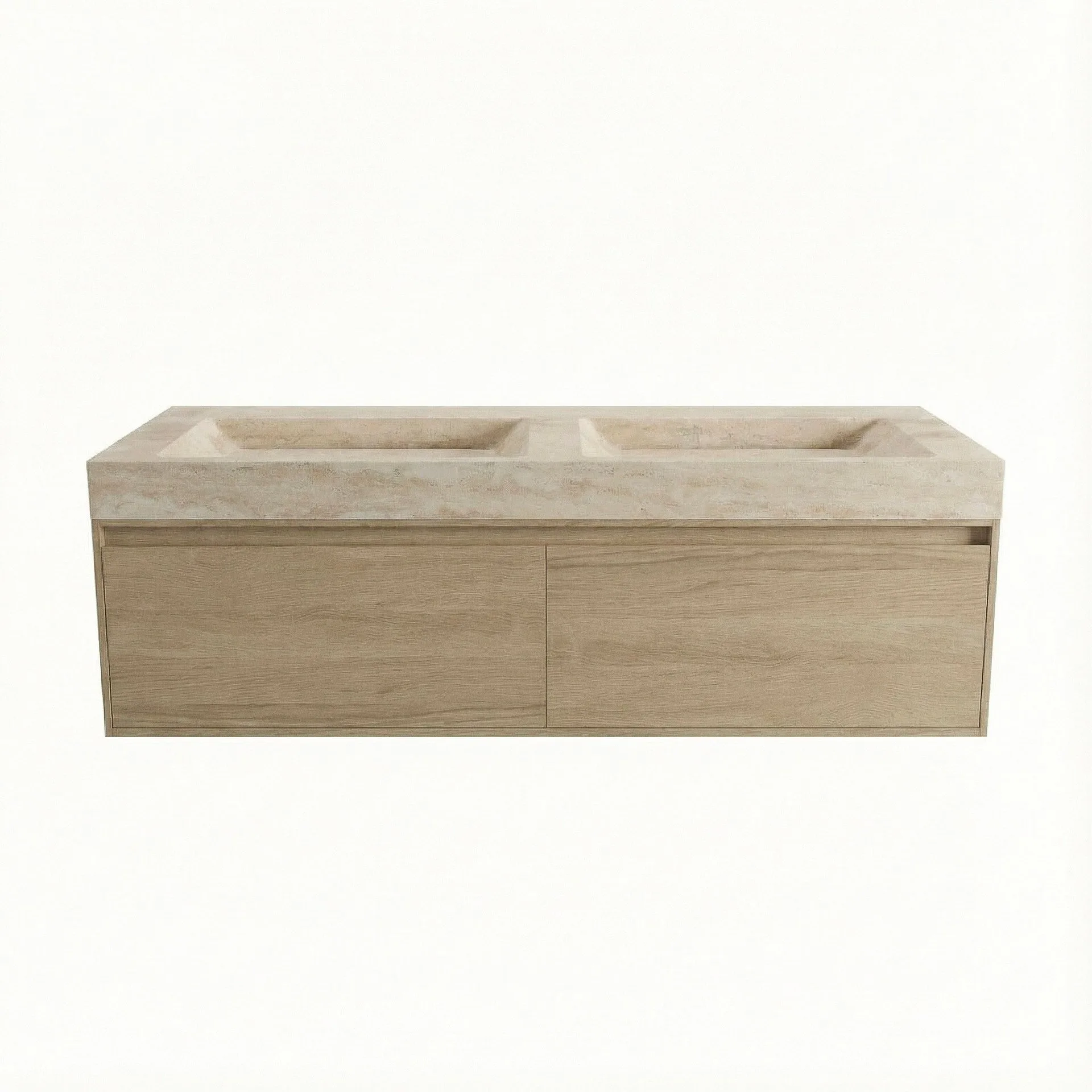 FORZALAQUA IBIZA BELLEZZA Waschbecken mit Unterschrank 140 cm breit, Braun hell, Doppelwaschbecken Naturstein Travertin matt ohne Hahnloch, 2 Schubladen