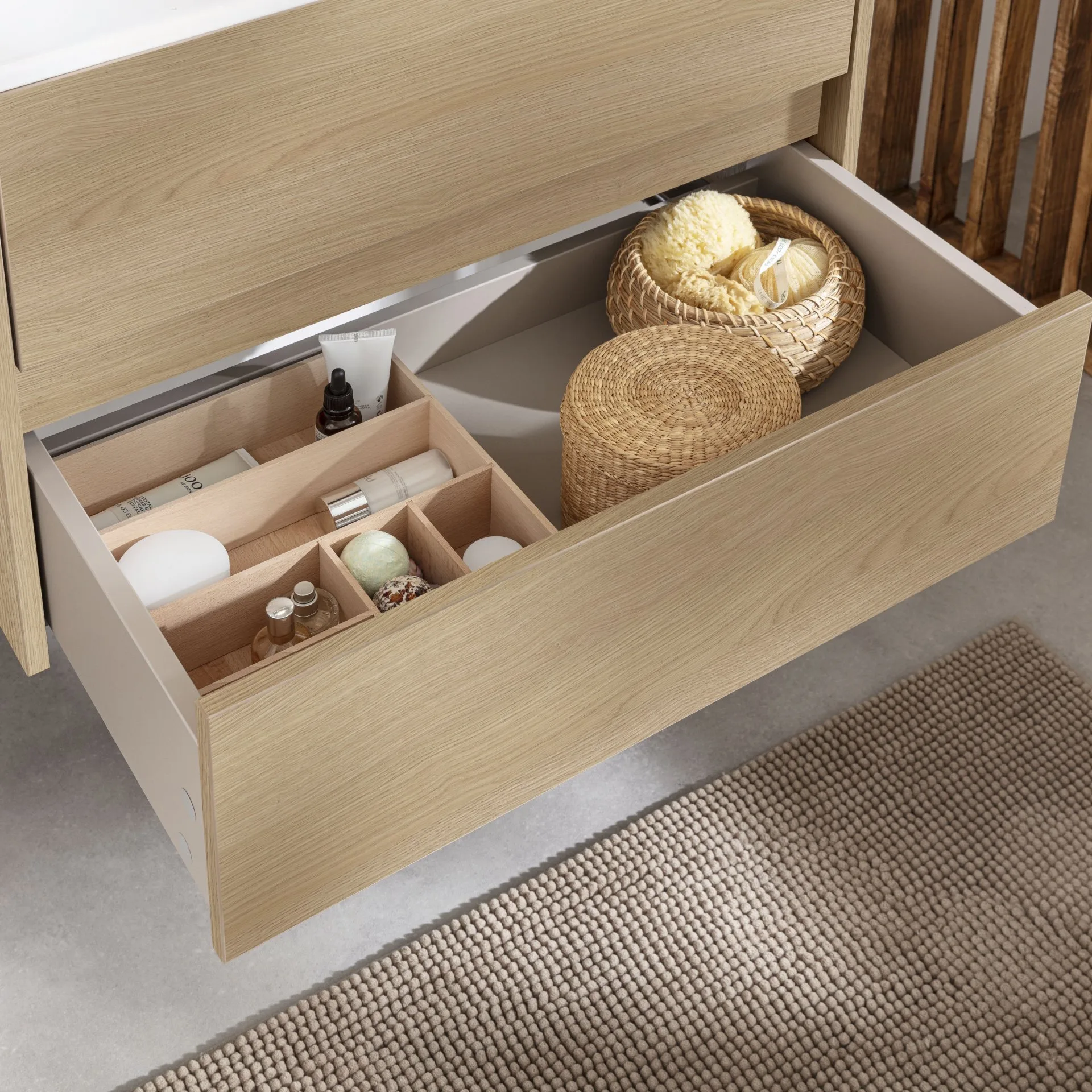 FACKELMANN COMPACT LINE Waschtisch Set mit Spiegelschrank 71 cm breit, Braun hell, Waschbecken Keramik Weiß, inklusive Aufsatzleuchte und Elektro-Box, 2 Schubladen