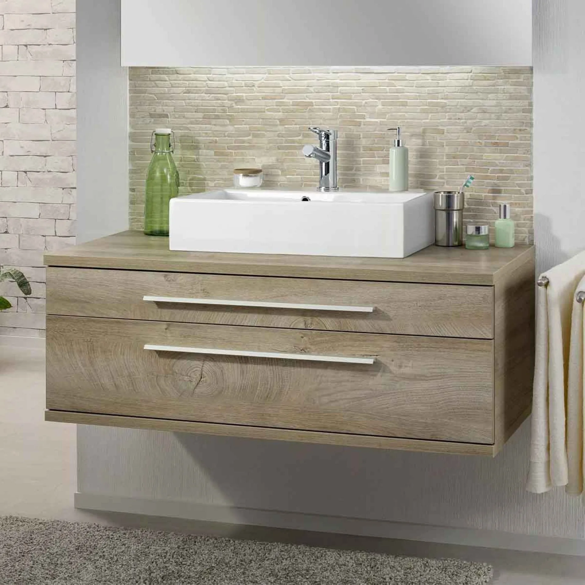 FACKELMANN STANFORD Waschbecken mit Unterschrank 110 cm breit, Braun hell, Aufsatzwaschbecken Keramik WeißKeramikbecken 60 cm kubisch