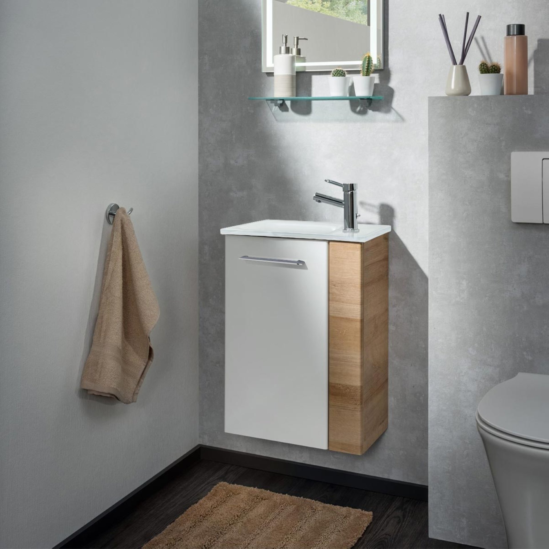 FACKELMANN SBC MILANO Gäste WC Waschtisch Set 45 cm breit, Weiß/Braun hell, Waschbecken Glas Weiß, Türanschlag links