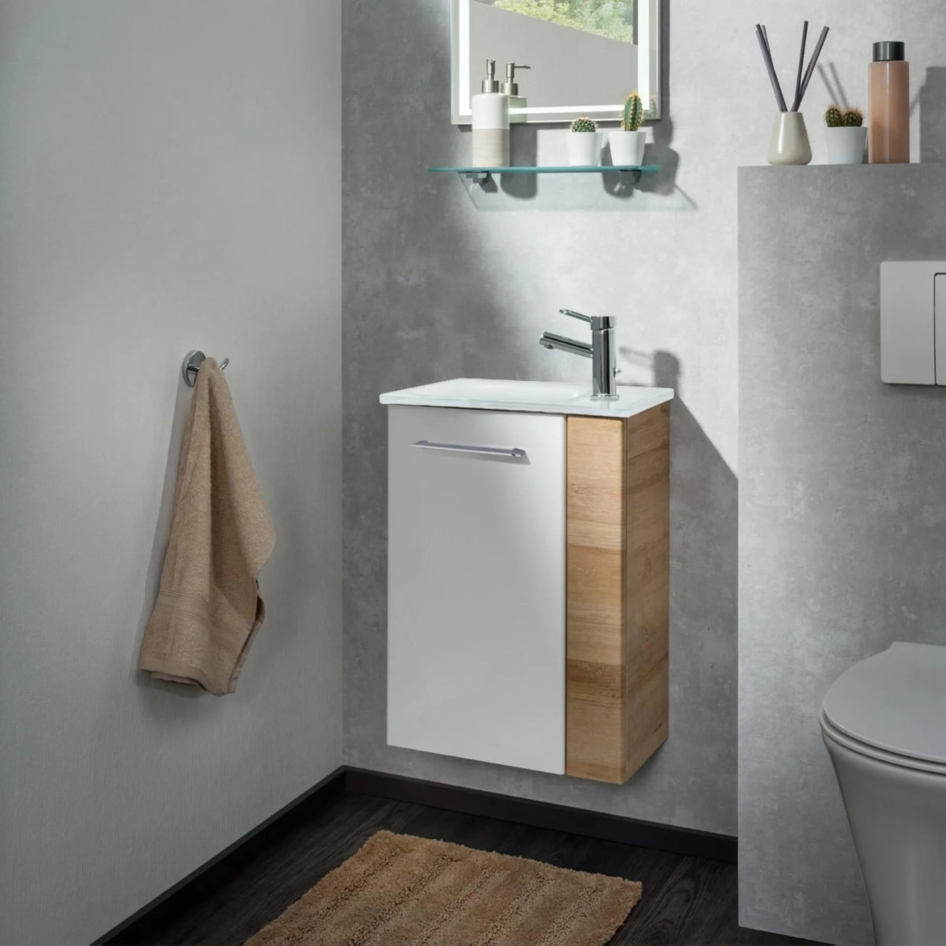 FACKELMANN SBC MILANO Gäste WC Waschtisch Set 45 cm breit, Weiß/Braun hell, Waschbecken Glas Weiß, Türanschlag links