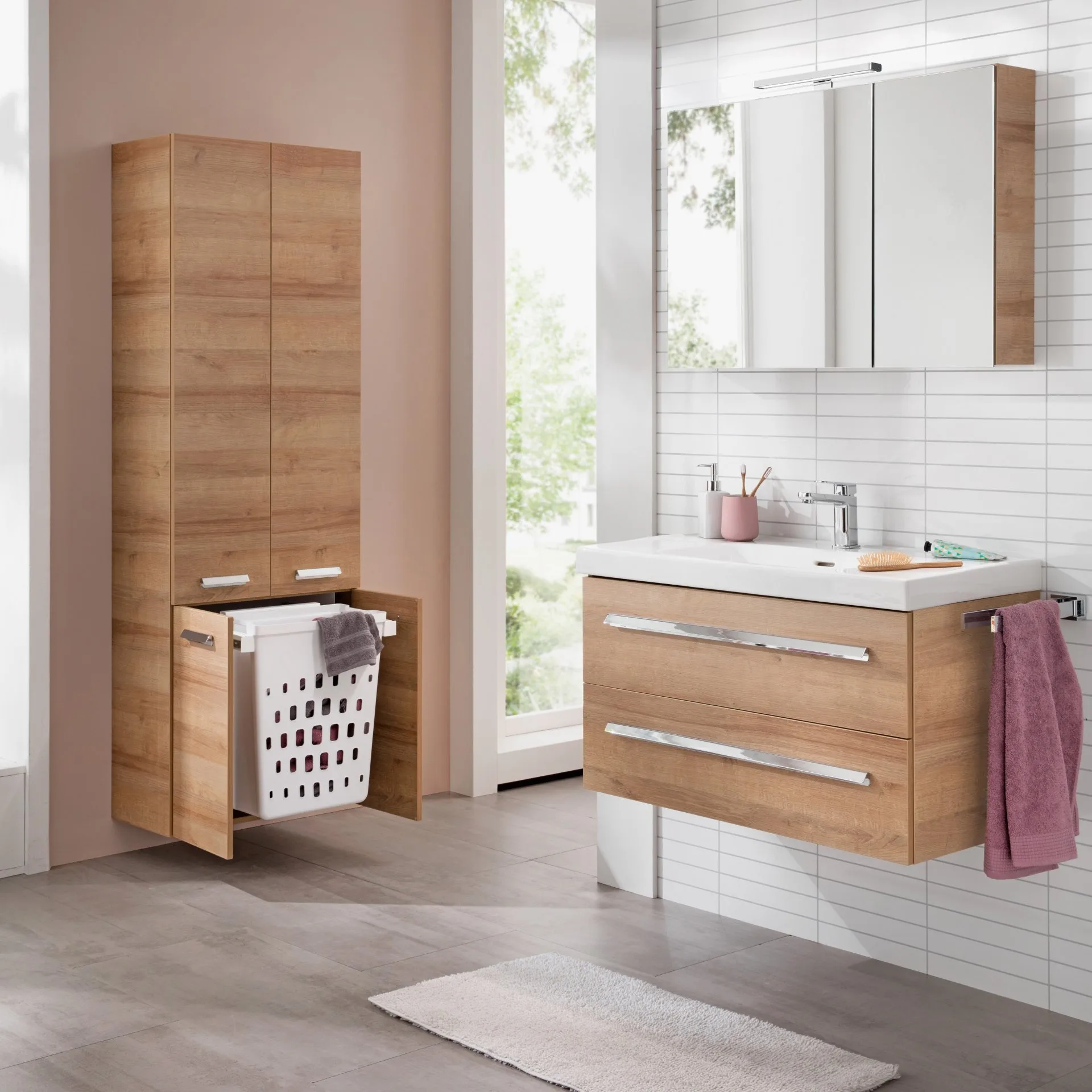 LANZET K1 Waschbeckenunterschrank 90 cm breit, Braun hell