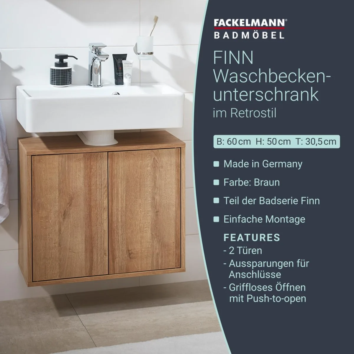 FACKELMANN FINN Waschbeckenunterschrank 60 cm breit, Braun hell
