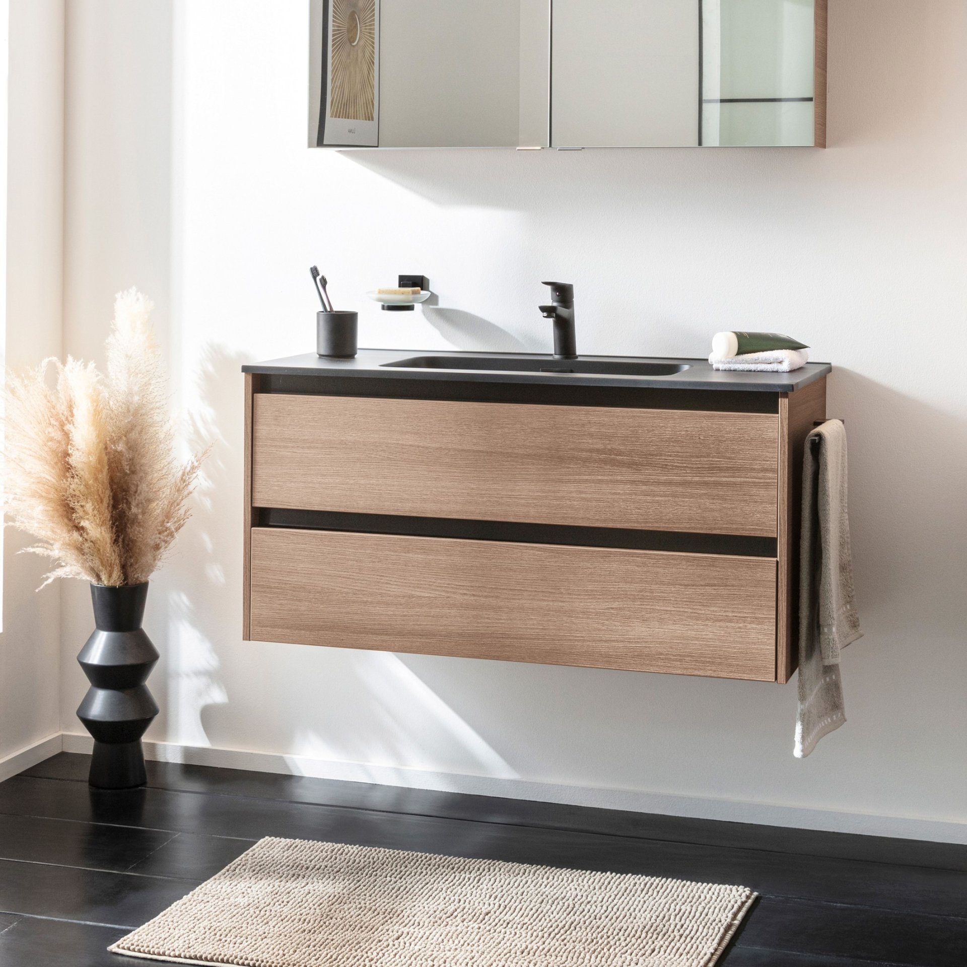 FACKELMANN VITA Waschbecken mit Unterschrank 101 cm breit, Braun hell, Waschbecken Gussmarmor Schwarz matt