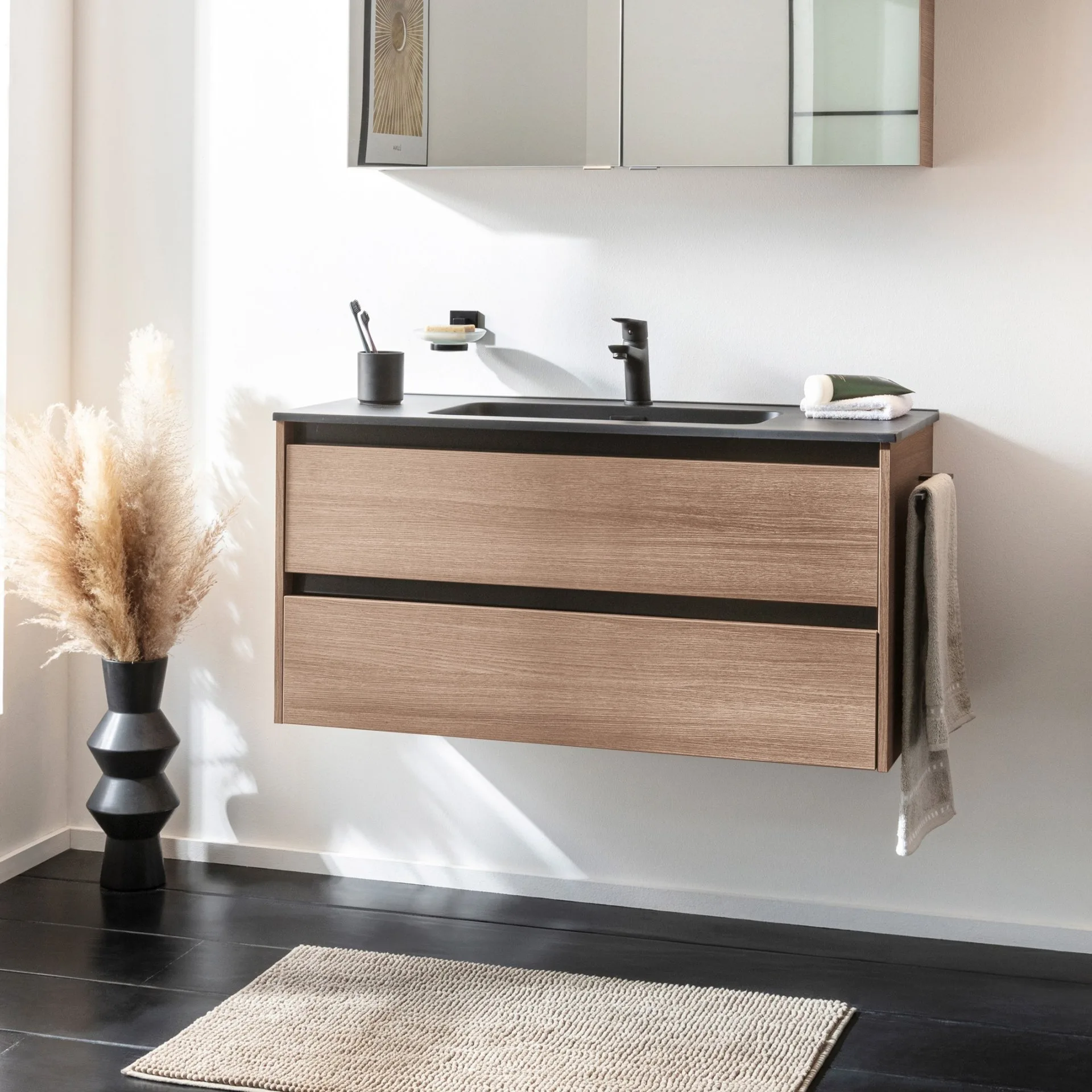 FACKELMANN VITA Waschbecken mit Unterschrank 101 cm breit, Braun hell, Waschbecken Gussmarmor Schwarz matt