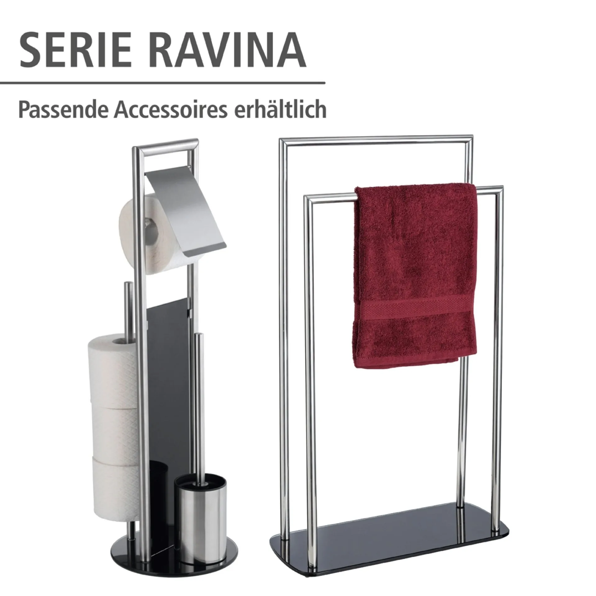WENKO RAVINA WC-Garnitur, Schwarz/Silber, mit Toilettenpapierhalter und Bevorrater, stehend