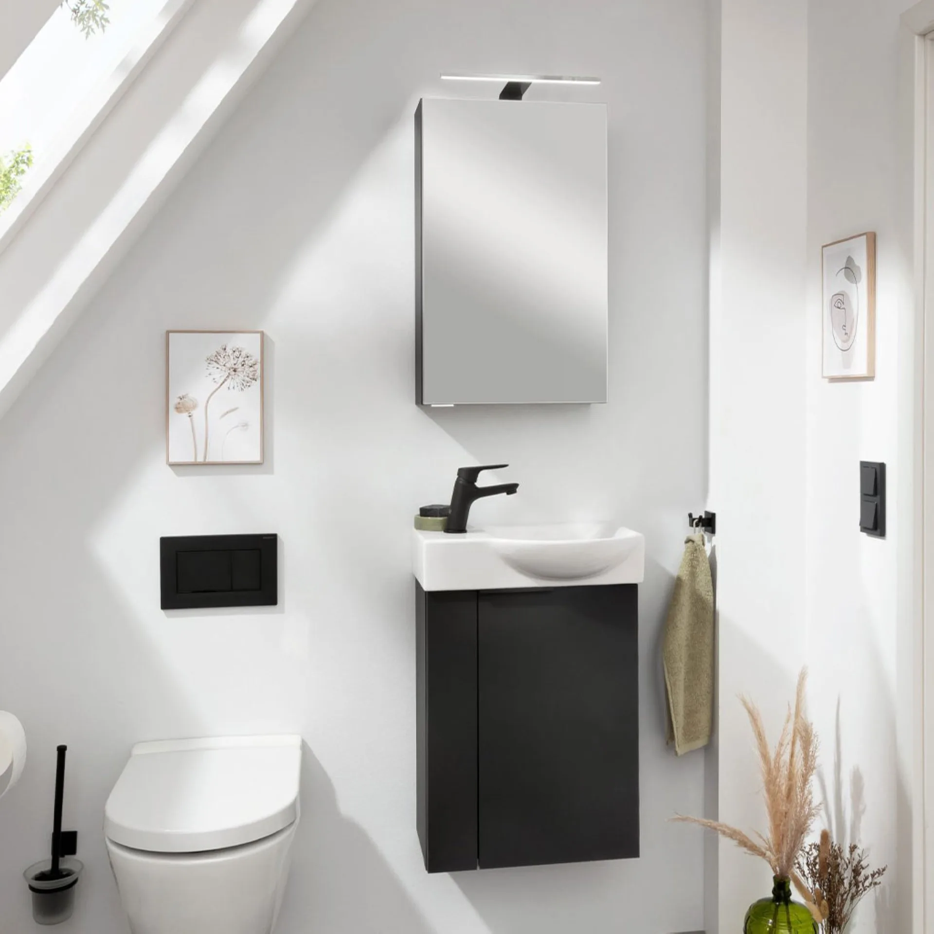 FACKELMANN SBC B.PARIS Gäste WC Waschtisch Set mit Spiegelschrank 45 cm breit, Schwarz matt, Türanschlag rechts