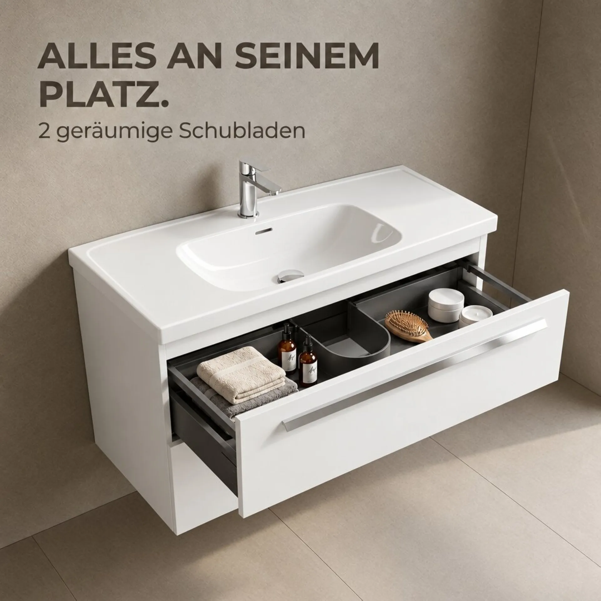 BADEDU TESSANO Waschbecken mit Unterschrank 90 cm breit, Weiß, Waschbecken Keramik Weiß
