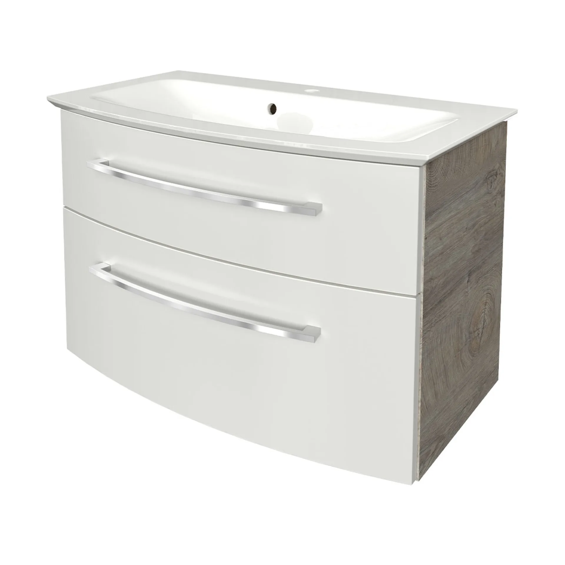FACKELMANN B.STYLE Waschbecken mit Unterschrank 83 cm breit, Weiß/Braun hell, Waschbecken Gussmarmor Weiß