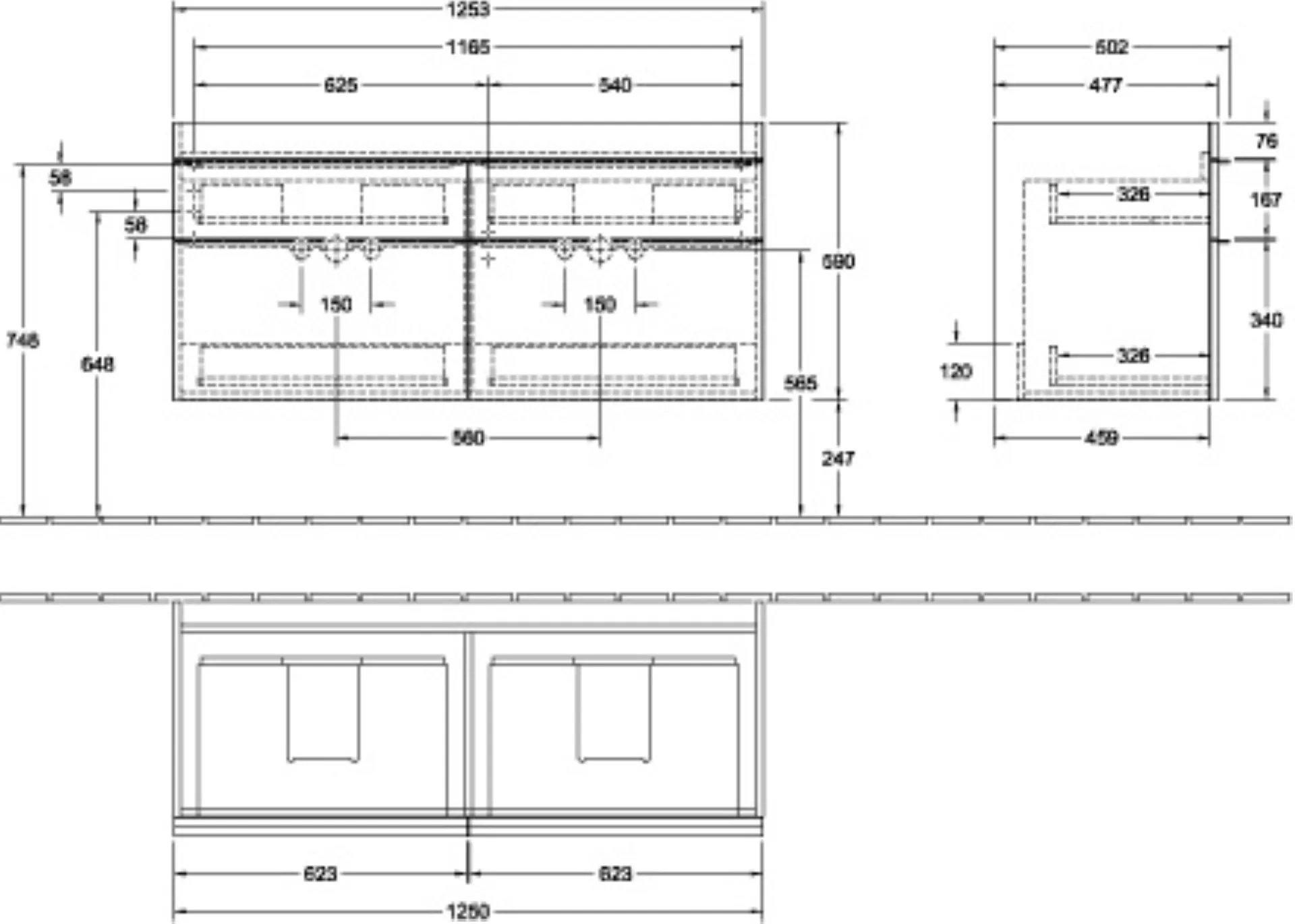 VILLEROY & BOCH VENTICELLO Waschbeckenunterschrank 125 cm breit, Weiß, Griff Chrom, 4 Schubladen, für Doppelwaschbecken