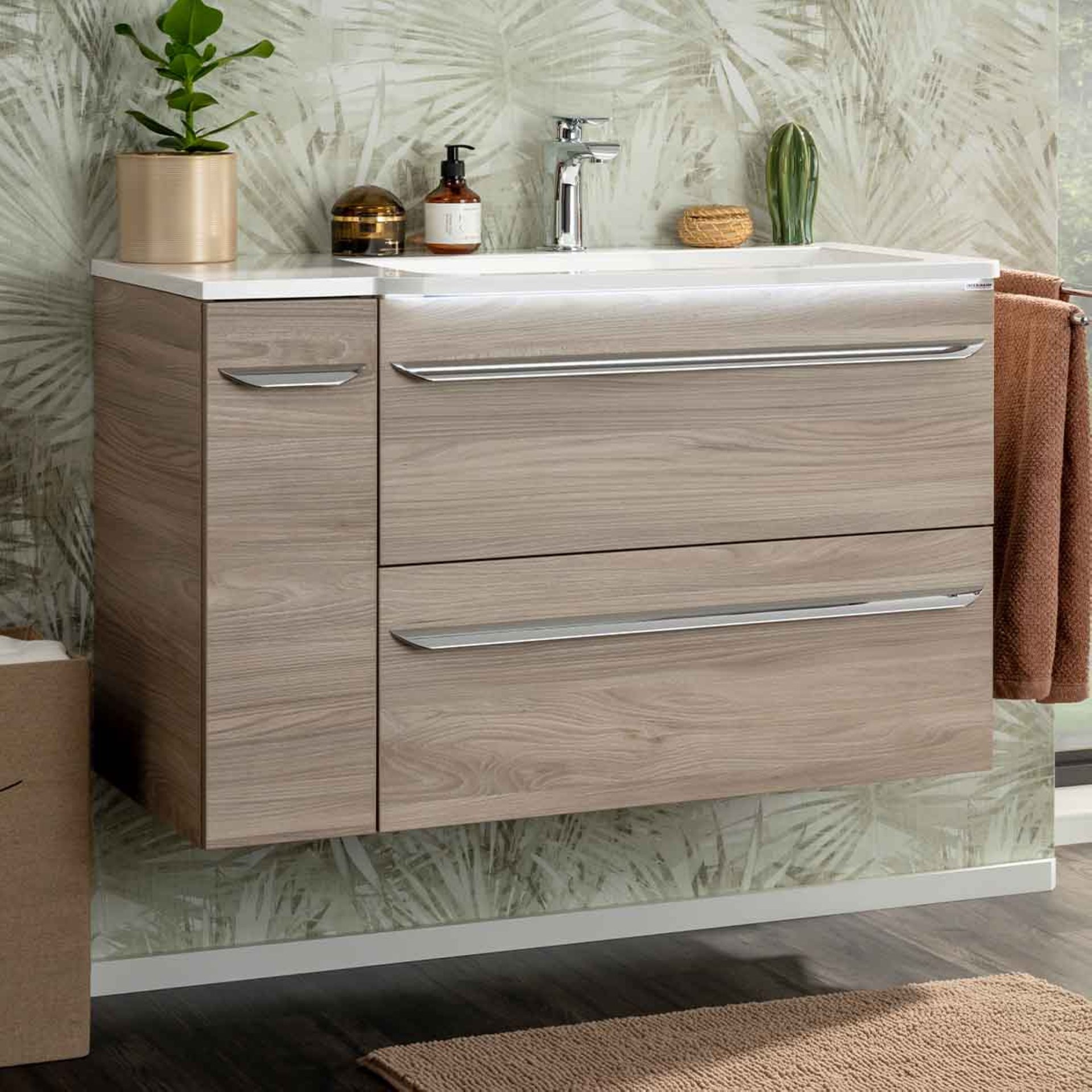 FACKELMANN LUXOR Waschbecken mit Unterschrank 100 cm breit, Braun hell, Waschbecken Gussmarmor Weiß + Unterschrank Türanschlag links