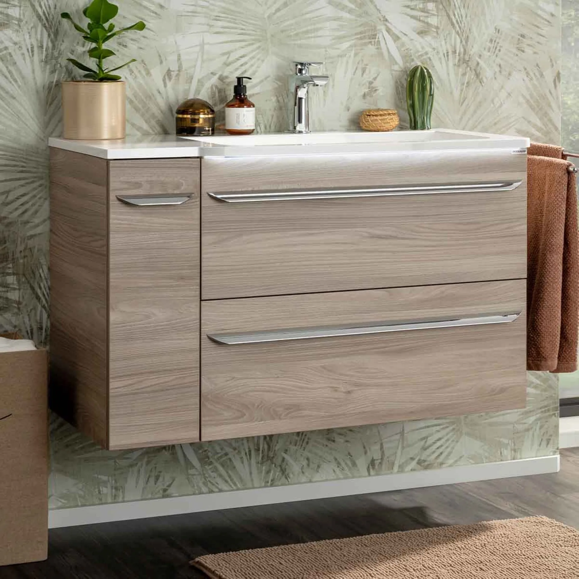FACKELMANN LUXOR Waschbecken mit Unterschrank 100 cm breit, Braun hell, Waschbecken Gussmarmor Weiß + Unterschrank Türanschlag links