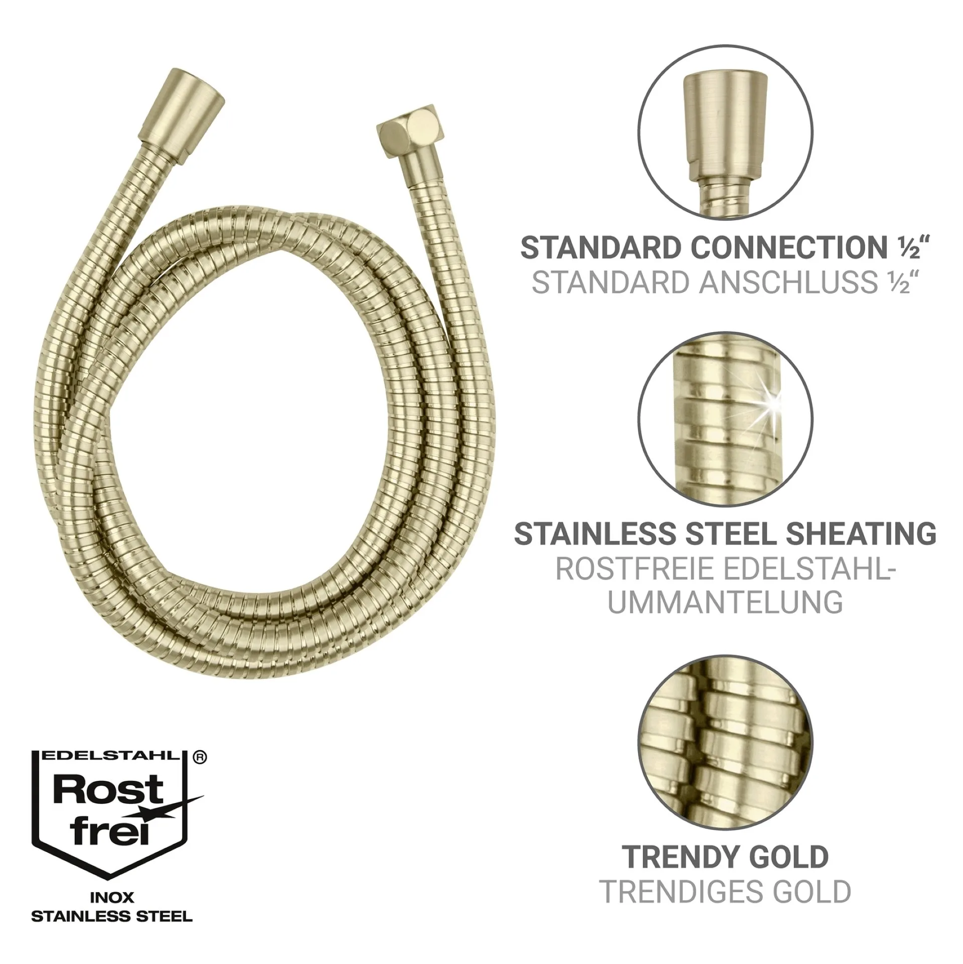 WENKO BRASS Duschschlauch 150 cm, Gold, 1/2" Standardanschluss + Trinkwasserzulassung