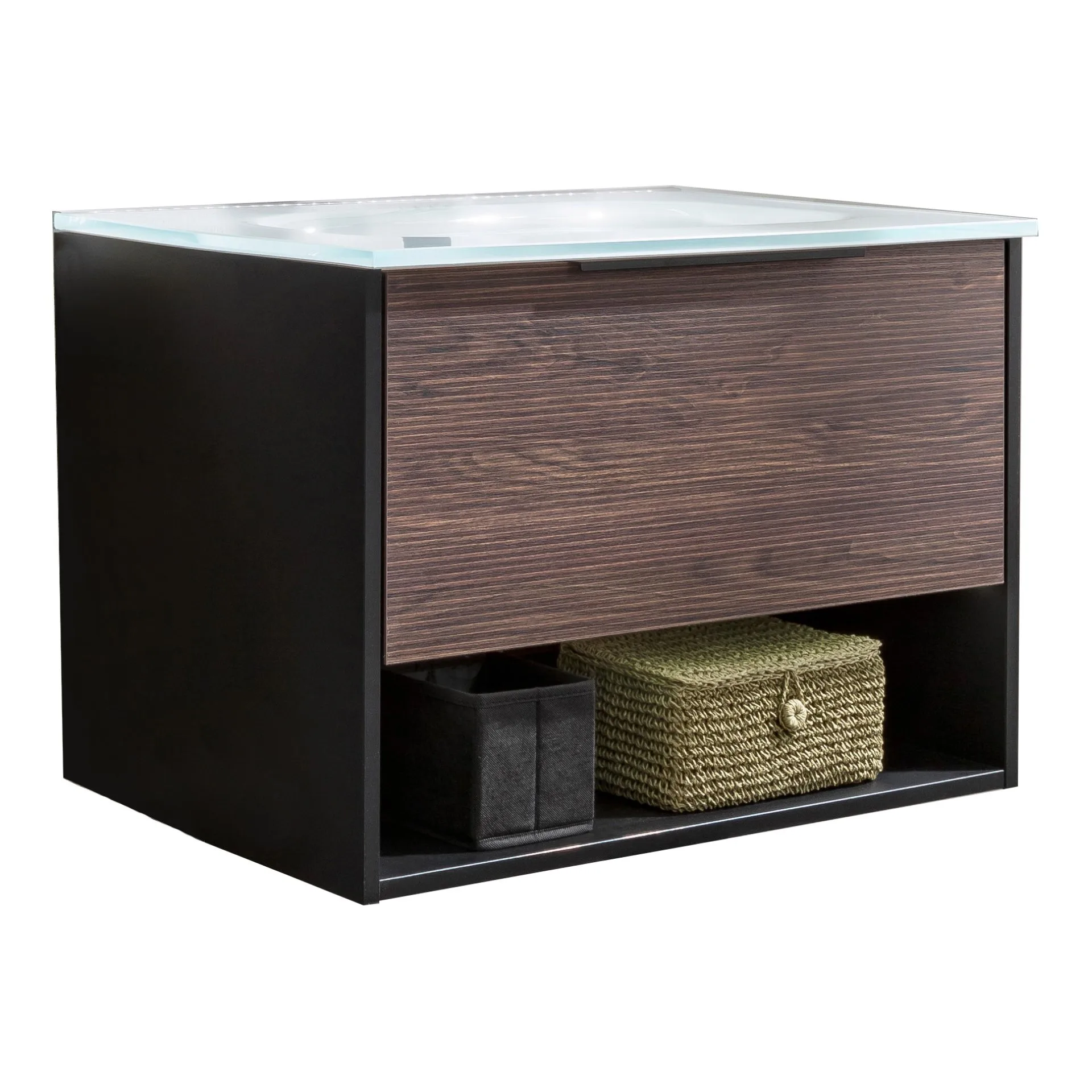 FACKELMANN B.PARIS Waschbecken mit Unterschrank 70 cm breit, Braun Dunkel/Schwarz, Waschbecken Glas Weiß