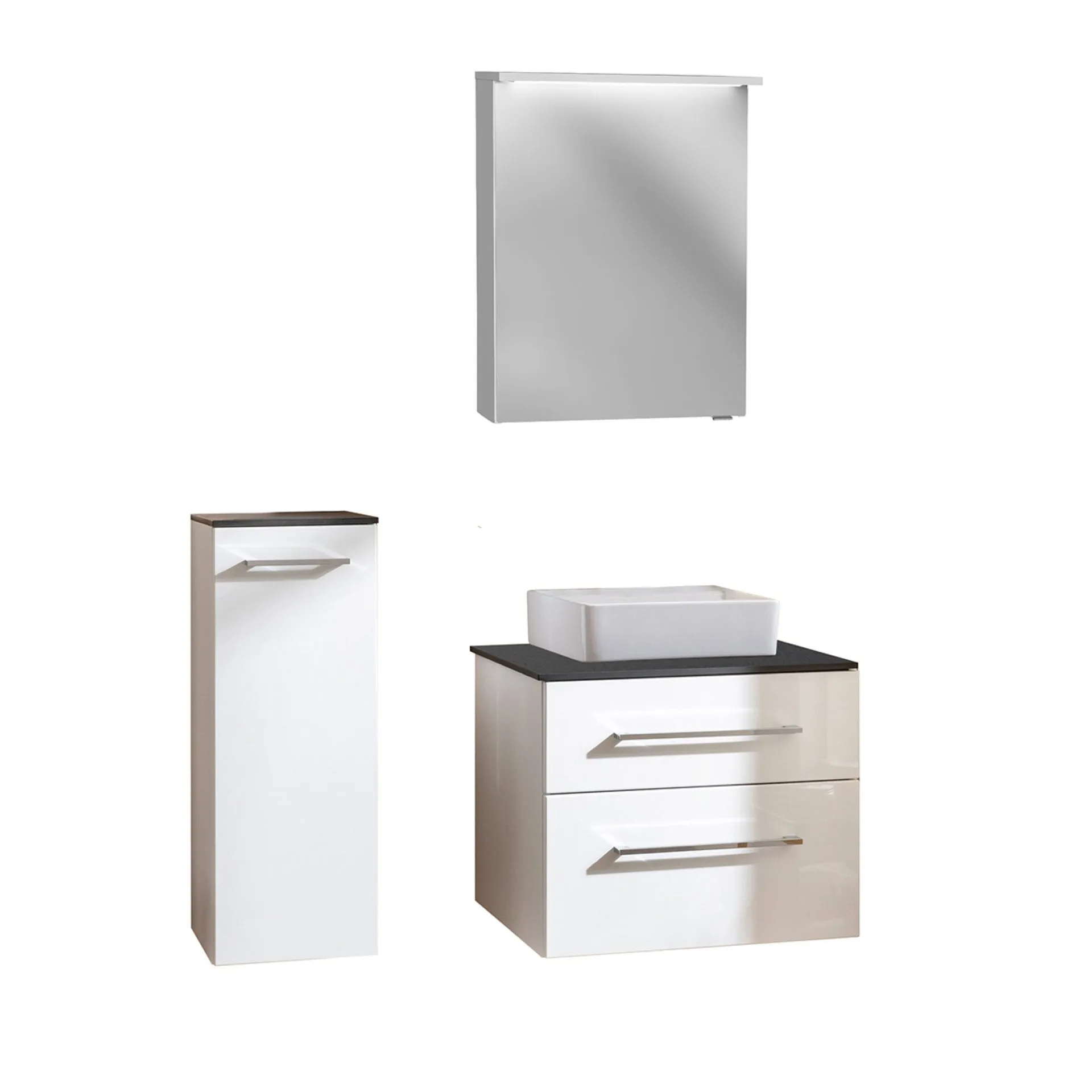 FACKELMANN OXFORD Badmöbel Set 5-teilig 60 cm breit, Weiß, Aufsatzwaschbecken Keramik Weiß + LED Spiegelschrank + Waschtischplatte