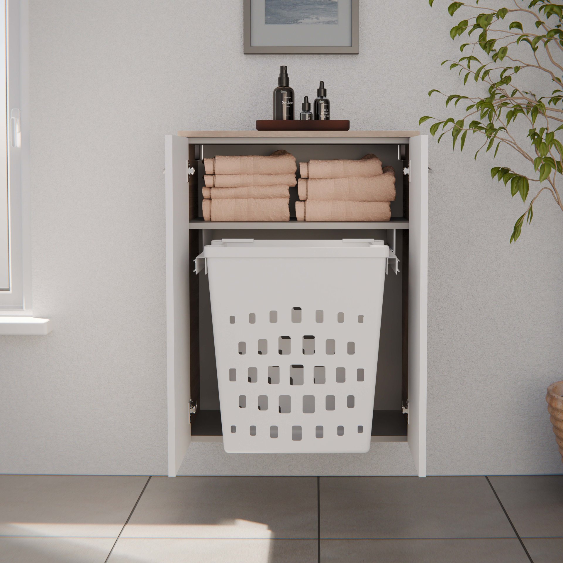 FACKELMANN LUXOR Doppel Midischrank 60 cm breit, Weiß/Braun hell mit Wäschekorb