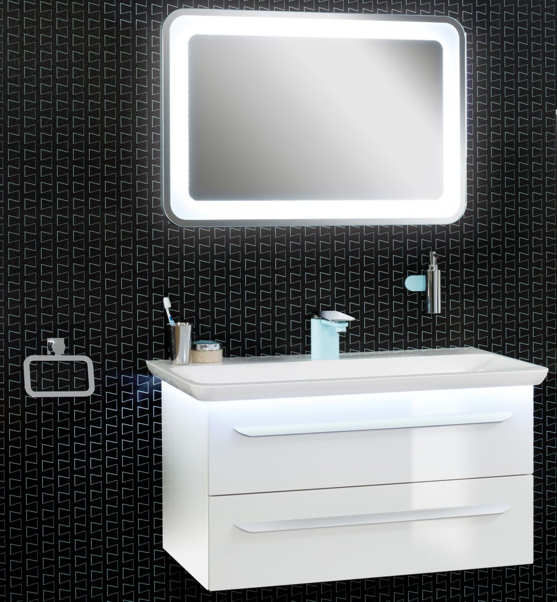 Lanzet M9 Badmöbel Set 4-teilig, 100 cm breit, Weiß, Waschbeckenbeleuchtung + Spiegelelement