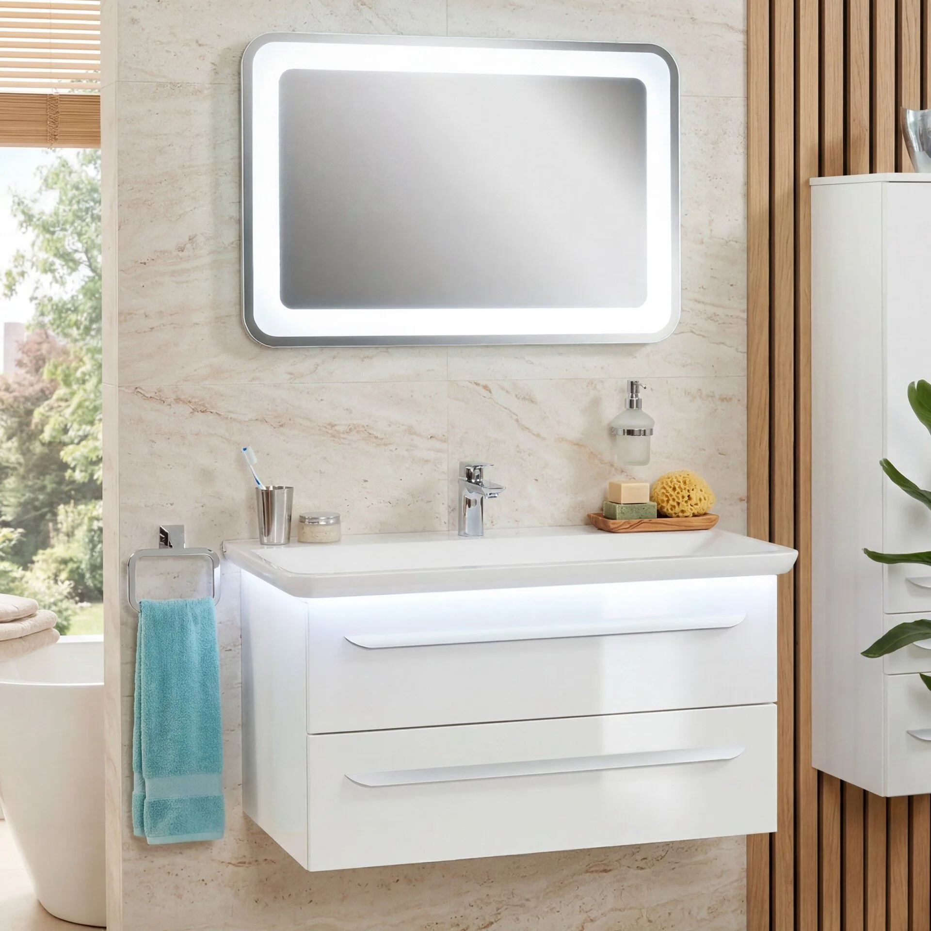 LANZET M9 Waschtisch Set mit Spiegel 100 cm breit, Weiß, Waschbecken Gussmarmor Weiß + Waschbeckenbeleuchtung