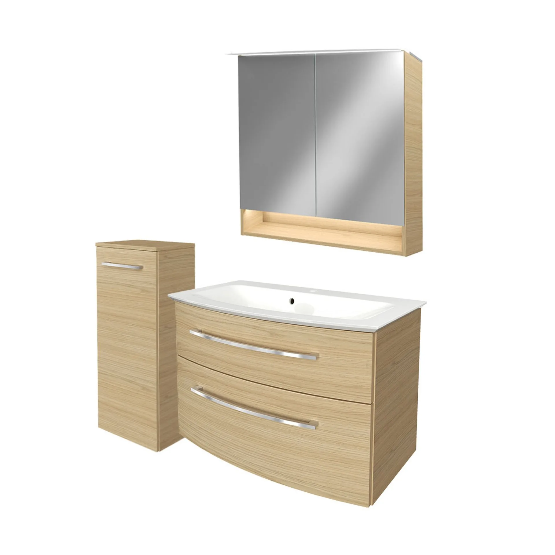 FACKELMANN B.STYLE Badmöbel Set 4-teilig 83 cm breit, Braun, Waschbecken Gussmarmor Weiß + LED-Spiegelschrank + Midischrank Türanschlag links