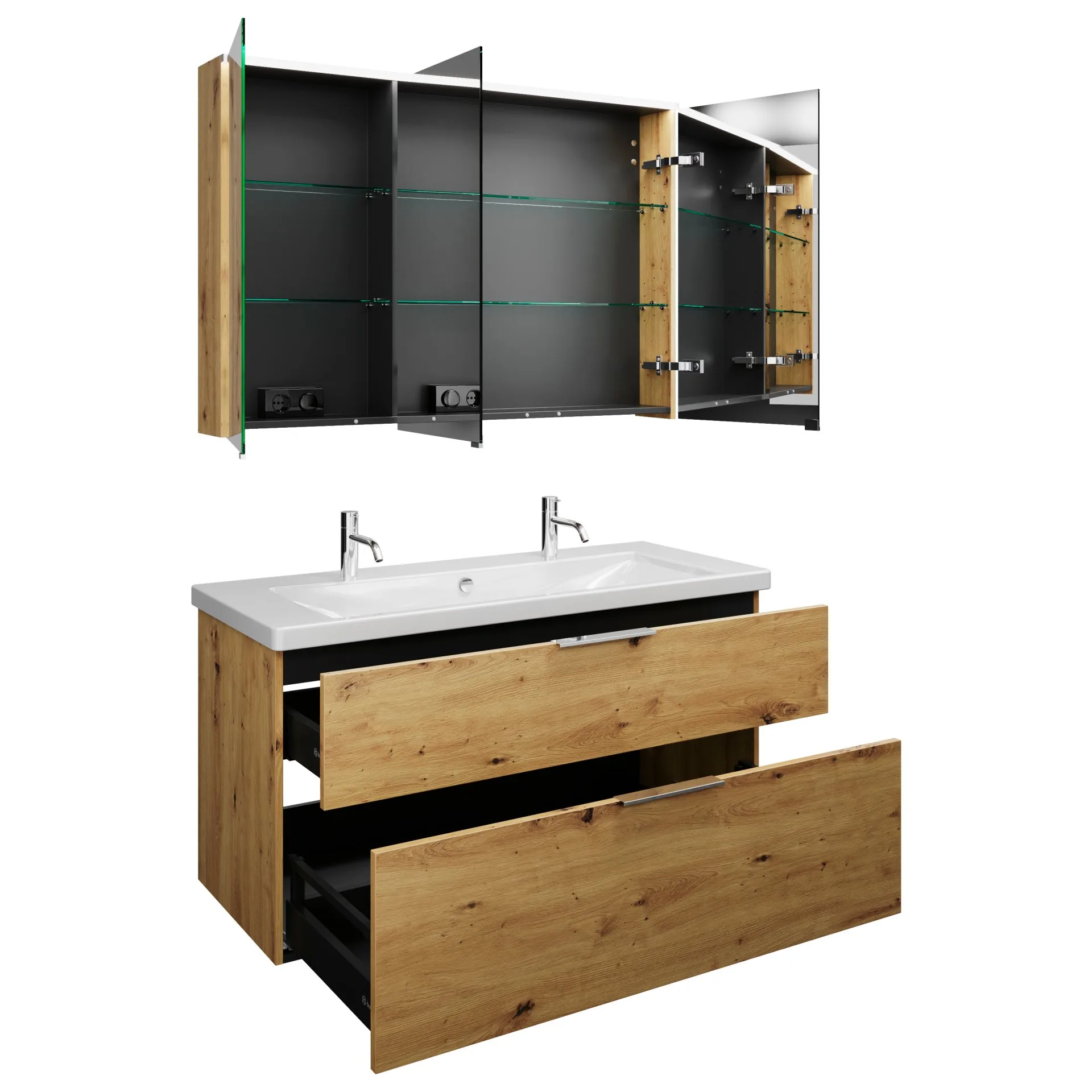Burgbad EQIO Waschtisch Set mit Spiegelschrank 123 cm breit, Braun, Doppelwaschbecken Keramik Weiß, 3-türig Anschlag links