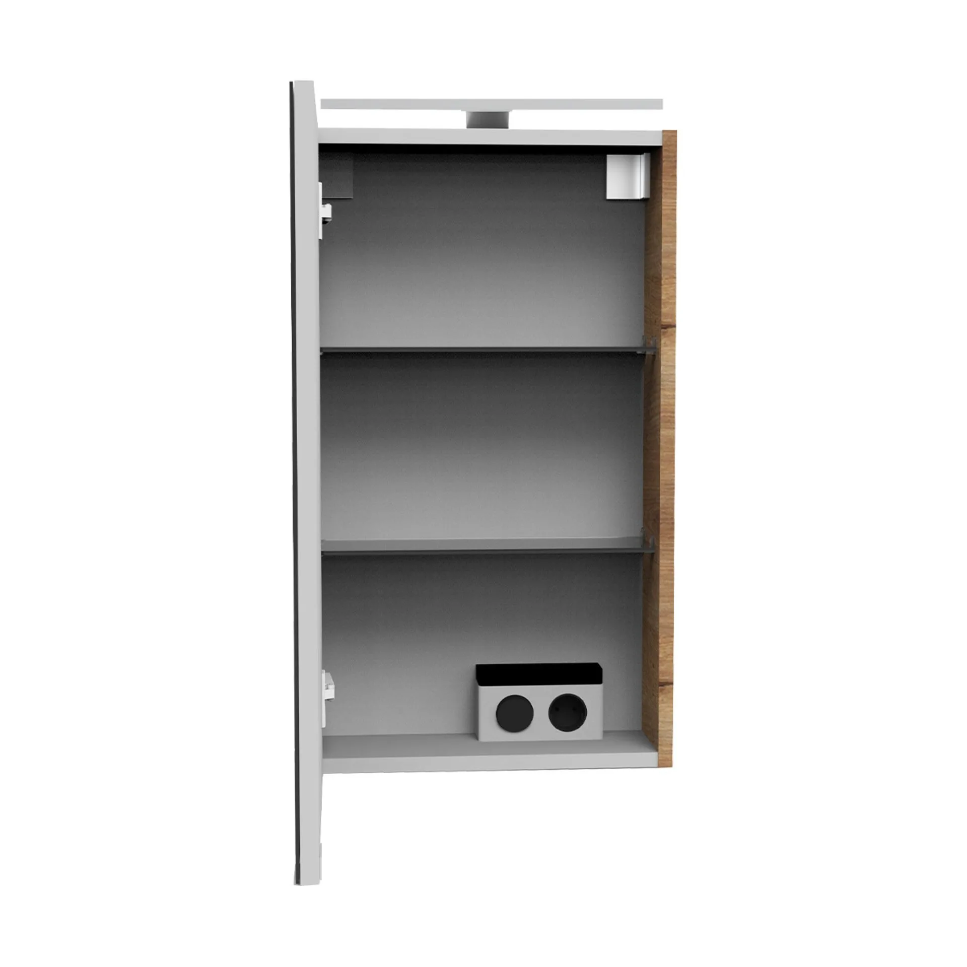 FACKELMANN SBC MILANO Gäste WC Spiegelschrank 40 cm breit, Braun hell, Türanschlag links + Aufsatzleuchte