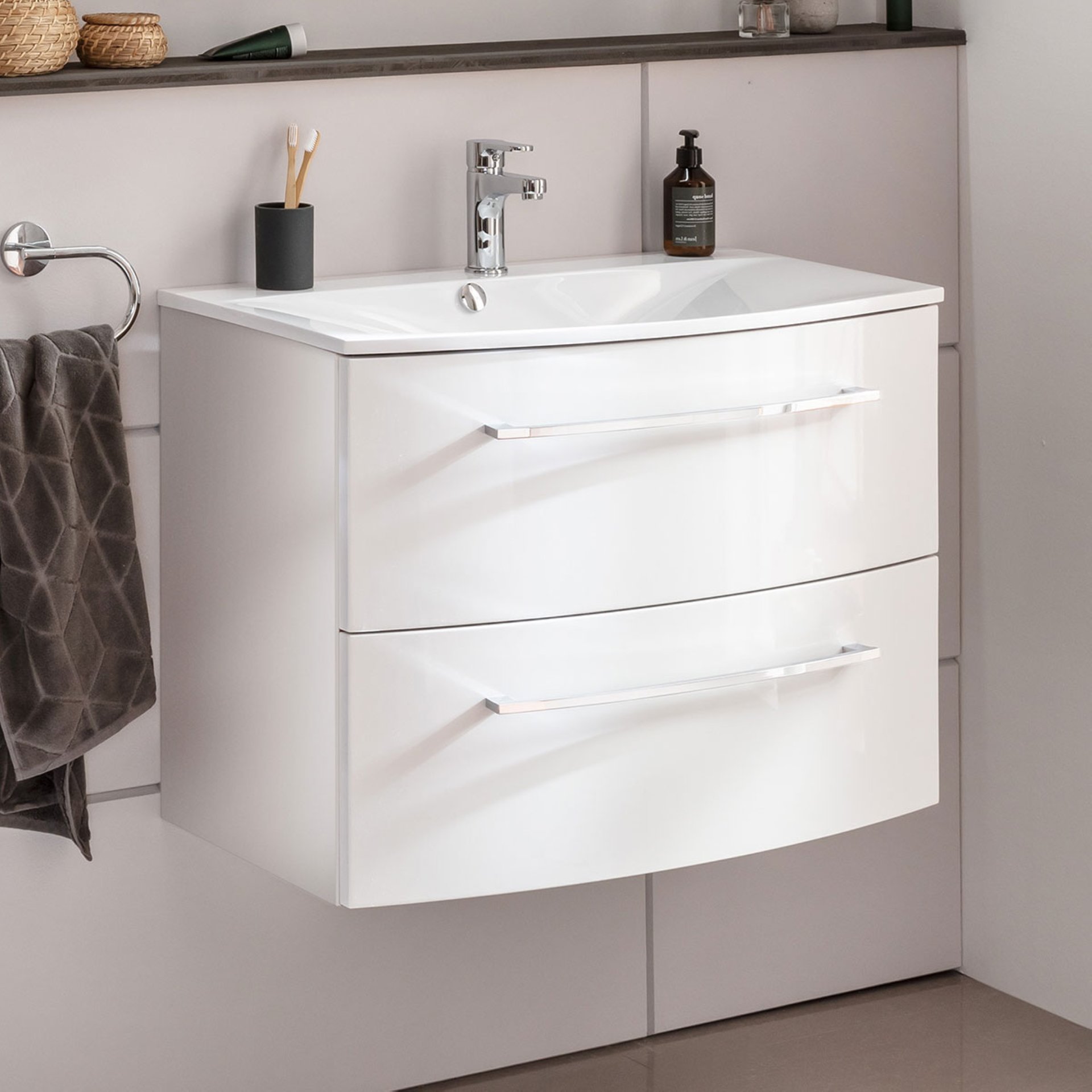 Fackelmann VERONA Badmöbel Set 2-teilig 80 cm breit, Weiß Hochglanz, Gussmarmor