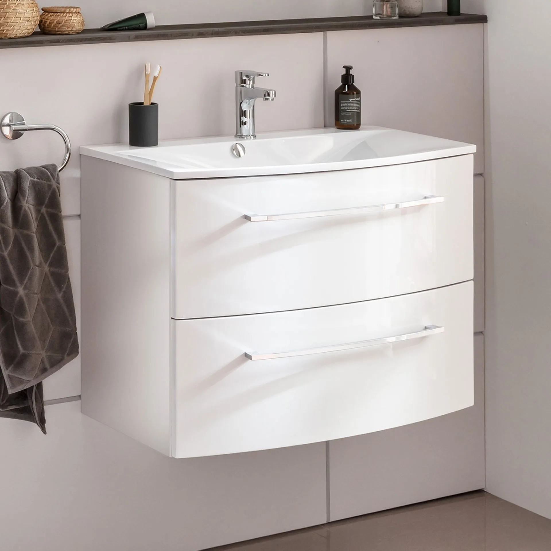 FACKELMANN VERONA Waschbecken mit Unterschrank 80 cm breit, Weiß, Waschbecken Gussmarmor Weiß