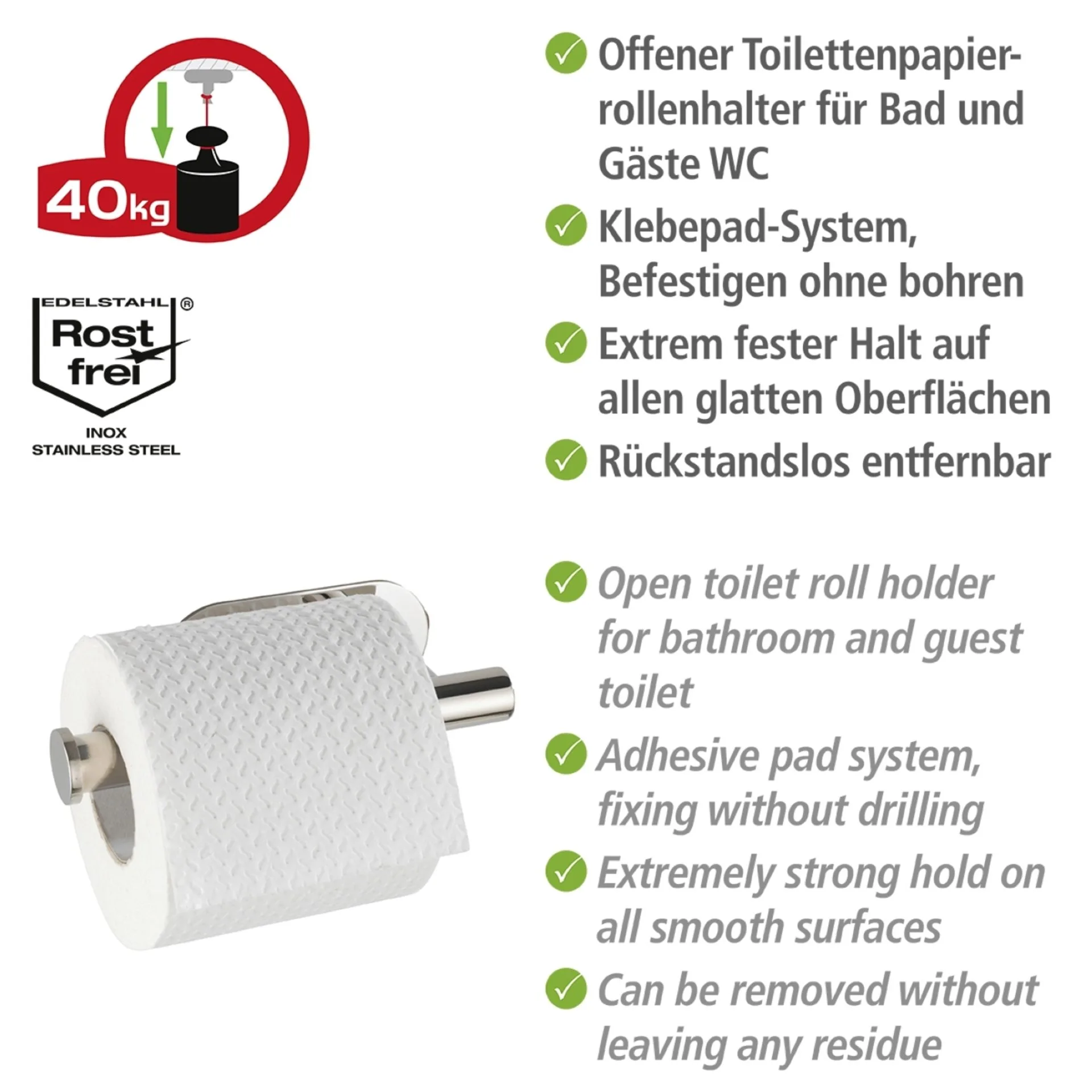 WENKO OREA Toilettenpapierhalter, Chrom glänzend, Befestigen ohne Bohren