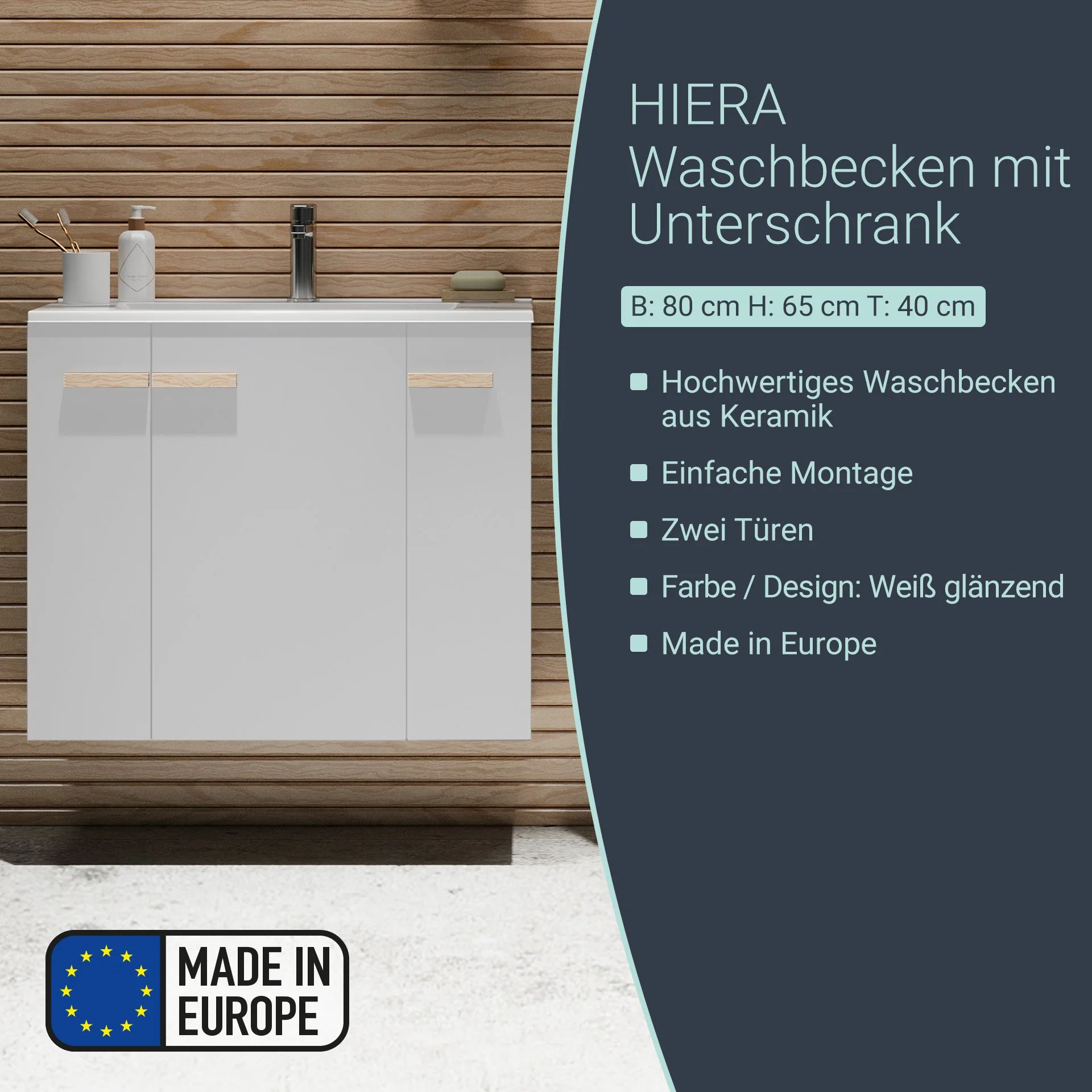BADEDU HIERA Waschbecken mit Unterschrank 80 cm breit, Weiß, Waschbecken Keramik Weiß